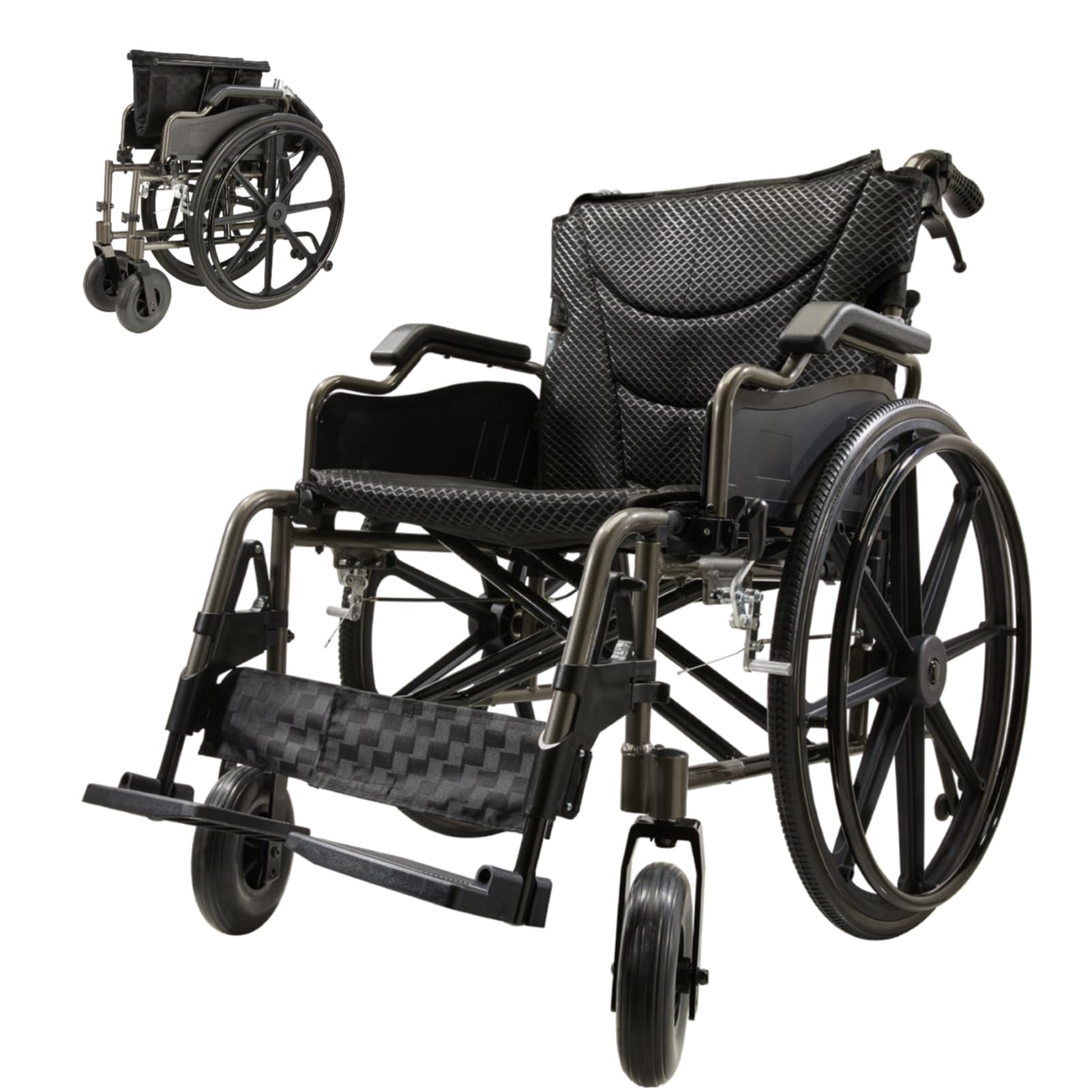 Aluminum Alloy Transport Wheelchair with 18 Inch Seat &amp; Double X Frame, Mobility Chair with 24" Quick Release Rear Wheels, 275 LBS Capacity Anti Rollback Device, Dark Gray