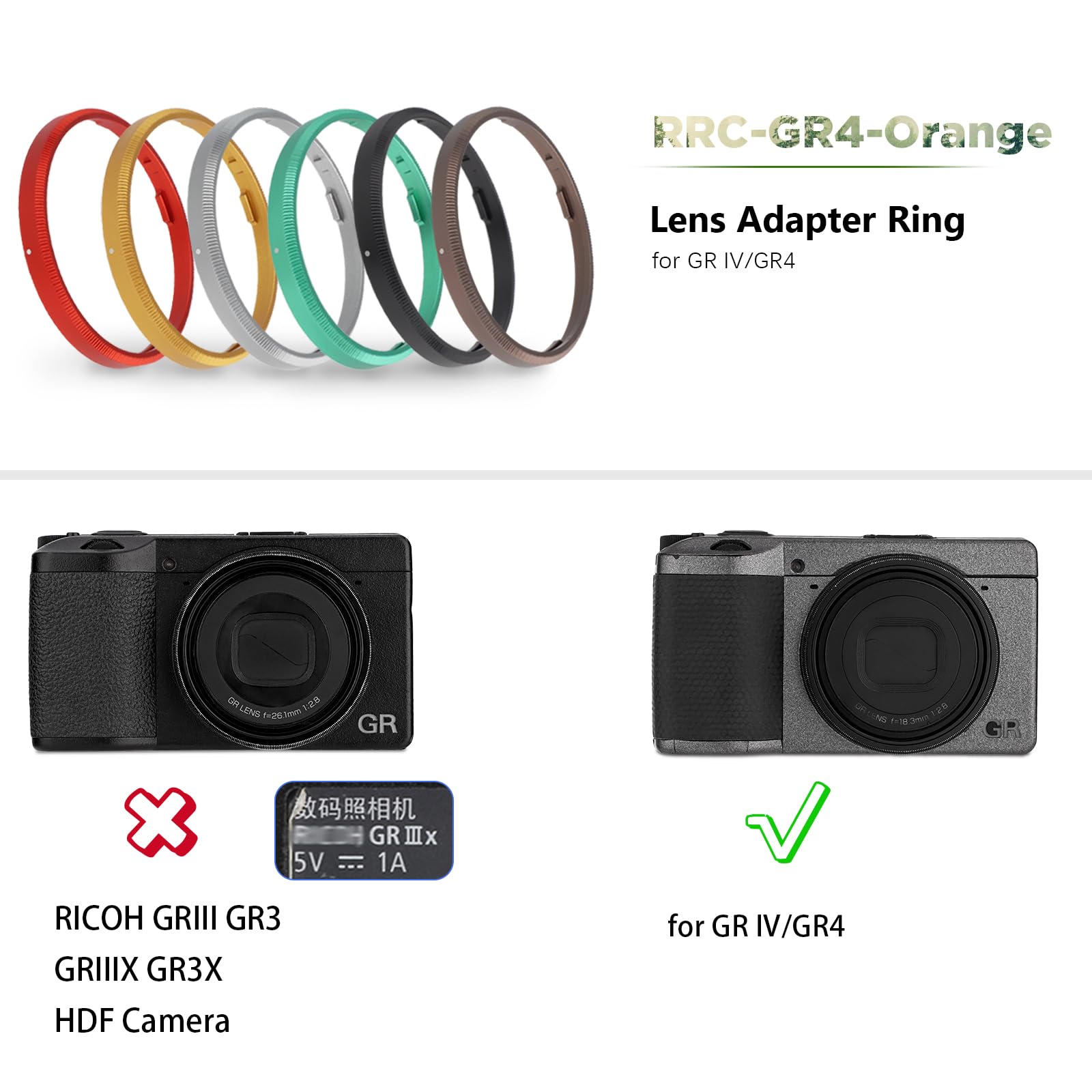 Haoge Anillo decorativo de metal para cámara RICOH GR IV sustituye a GN-3, RRC-GR4-naranja