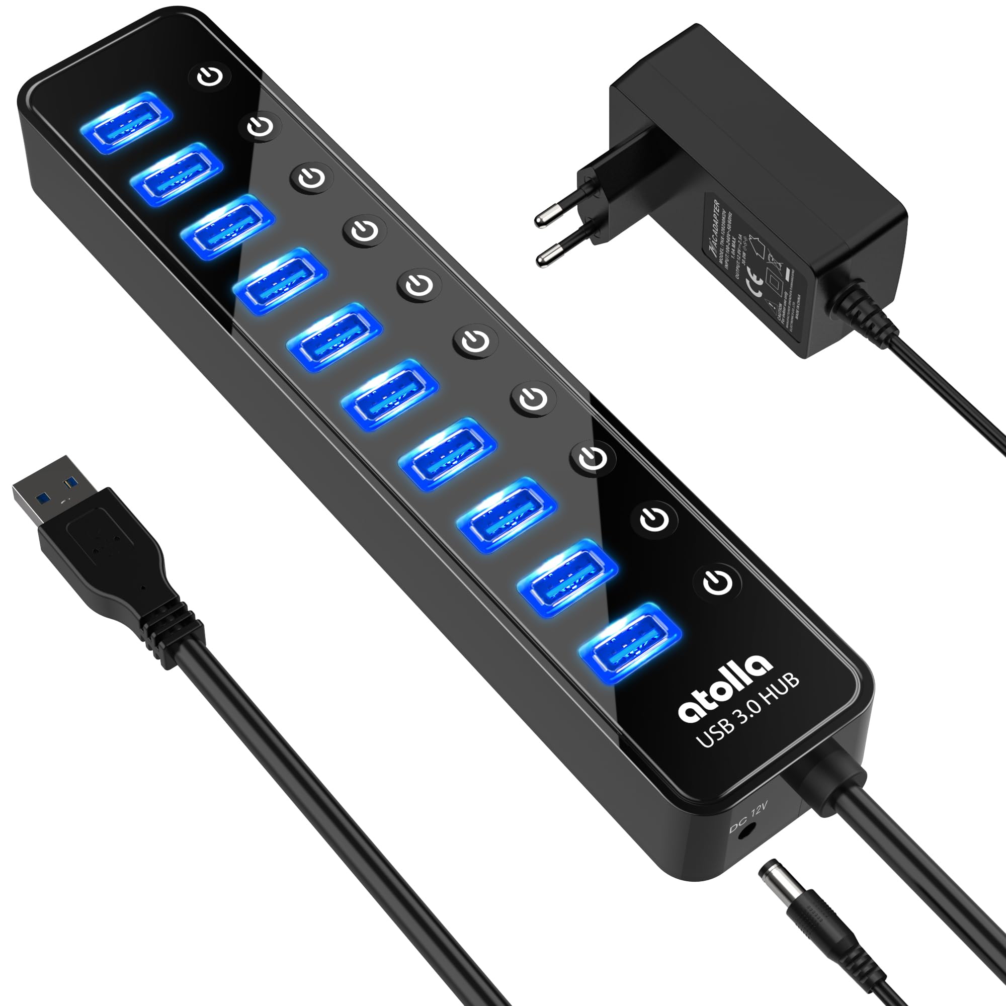 Hub USB alimentato, atolla Hub USB 3.0 Multipresa a 10 porte con interruttori e LED di alimentazione individuali Adattatore 12 V/2.5 A per tastiera, mouse, stampante, driver duri, ecc.