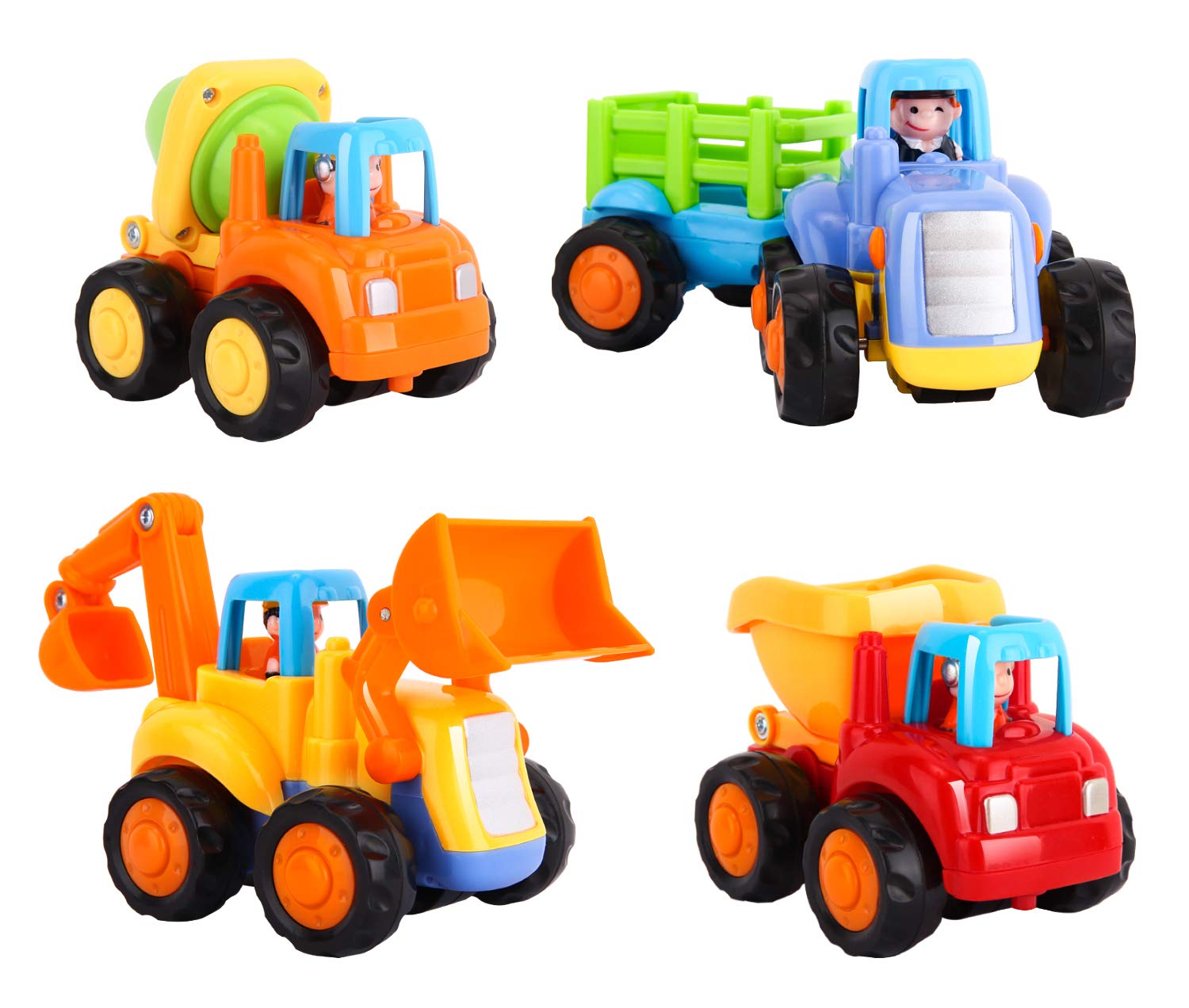 Zooawa Push and Go Car Construction Vehicles Trucks Toy, Mini Sliding Toy Cars, 4 Pack for Boys Toddlers Kids - Push Tractor, Bulldozer, Cement Mixer Truck, Dumper - Colorful