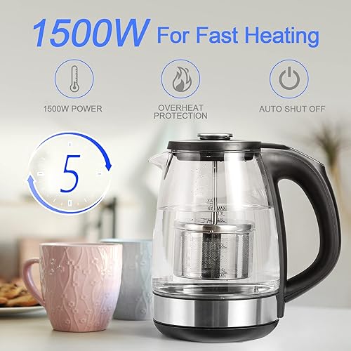 Miniatura 6 de ShanSon Hervidor eléctrico con infusor de té de 1,7 L, control de temperatura, hervidor de té eléctrico de vidrio de 1500 W, caldera de agua de