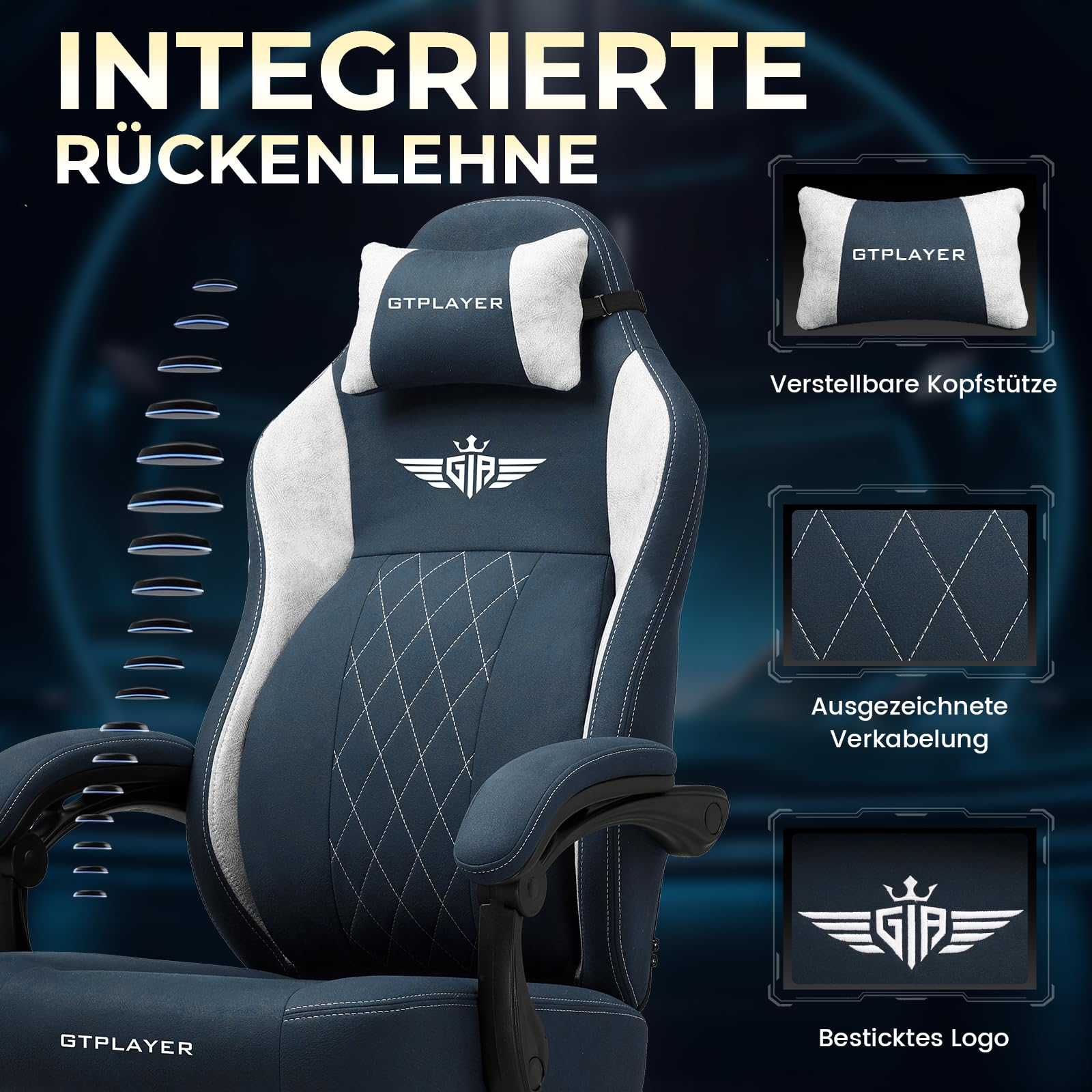 GTPLAYER Sedia da Gaming in Tessuto, Sedia da Ufficio con Supporto Lombare Integrato, da Ufficio, con Cuscino a Molla e Poggiapiedi, Schienale Ispessito, ergonomica per blu