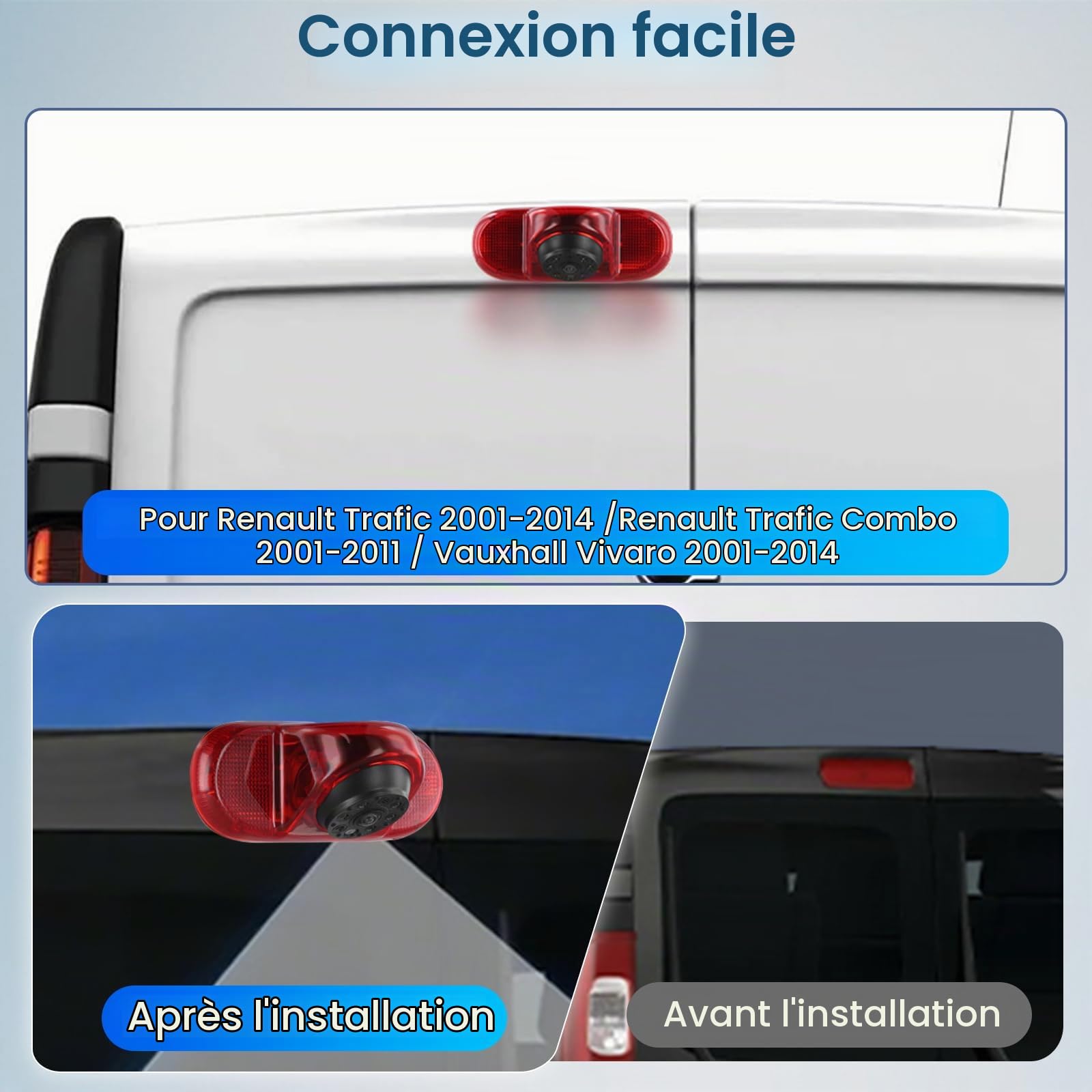 Hodozzy Caméra de Recul pour Feu Stop à Montage Elevé pour Renault Trafic/Opel Combo/Opel Vivaro 2001-2014 AHD/CVBS Mode Double avec et Vision Nocturne, Angle Réglable Caméra de Recul Etanche