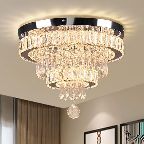 Miniatura 8 de Finktonglan Candelabro de cristal de 16 pulgadas, 2 anillos, lámpara de techo de cristal moderna, lámpara LED para comedor, dormitorio, sala de