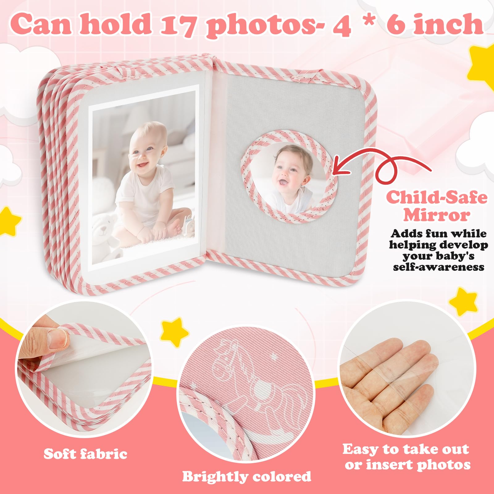 My First Family Photo Album for Baby Holds 17 Photos 4x6 Soft Baby Photo Album Memory Book with Hook & Mirror, Family Picture Albums Book for Newborn/Toddlers/Kids Shower Memory Birthday(Pink2) - Image 4
