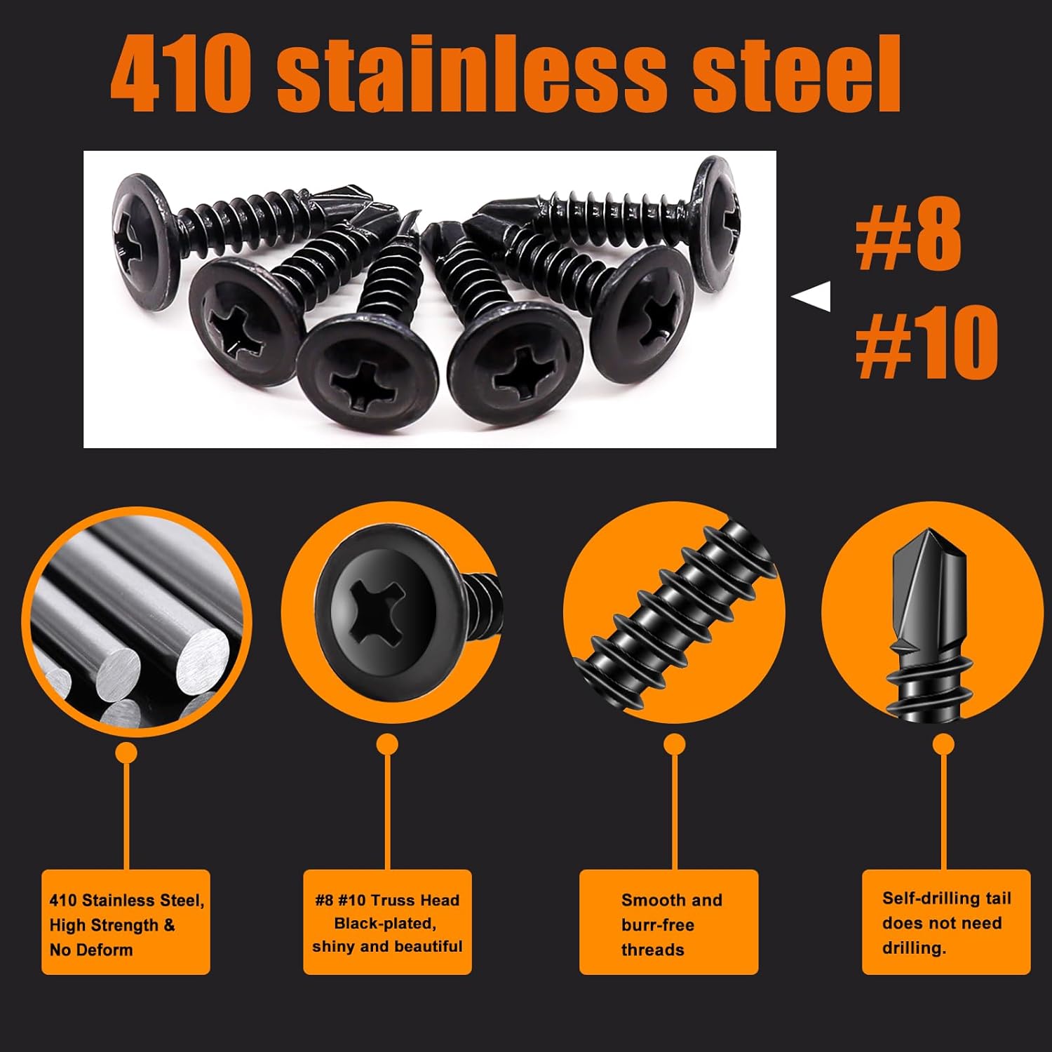 weideer 1095pcs Self Tapping Screws for Metal, #8#10 M2 M3 M4 410 Stainless Steel Screws Assortment Kit Black Oxide Truss Head and Phillips Pan Head Metal Screw