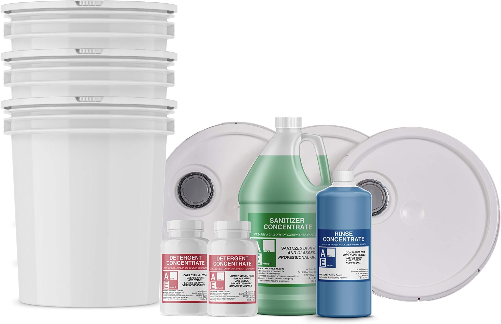 Starter Pack w/buckets (1-Detergent, 1-Chlorine, 1-Rinse) - Commercial Grade - High and Low Temperaute Dishwasher