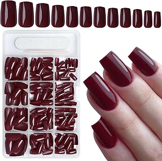AddFavor 240pcs Burgundy Press on Nails Medium Square Fake Nails, Glossy Acrylic Press on Nails Gel False Nails with Adhesive Stick for women