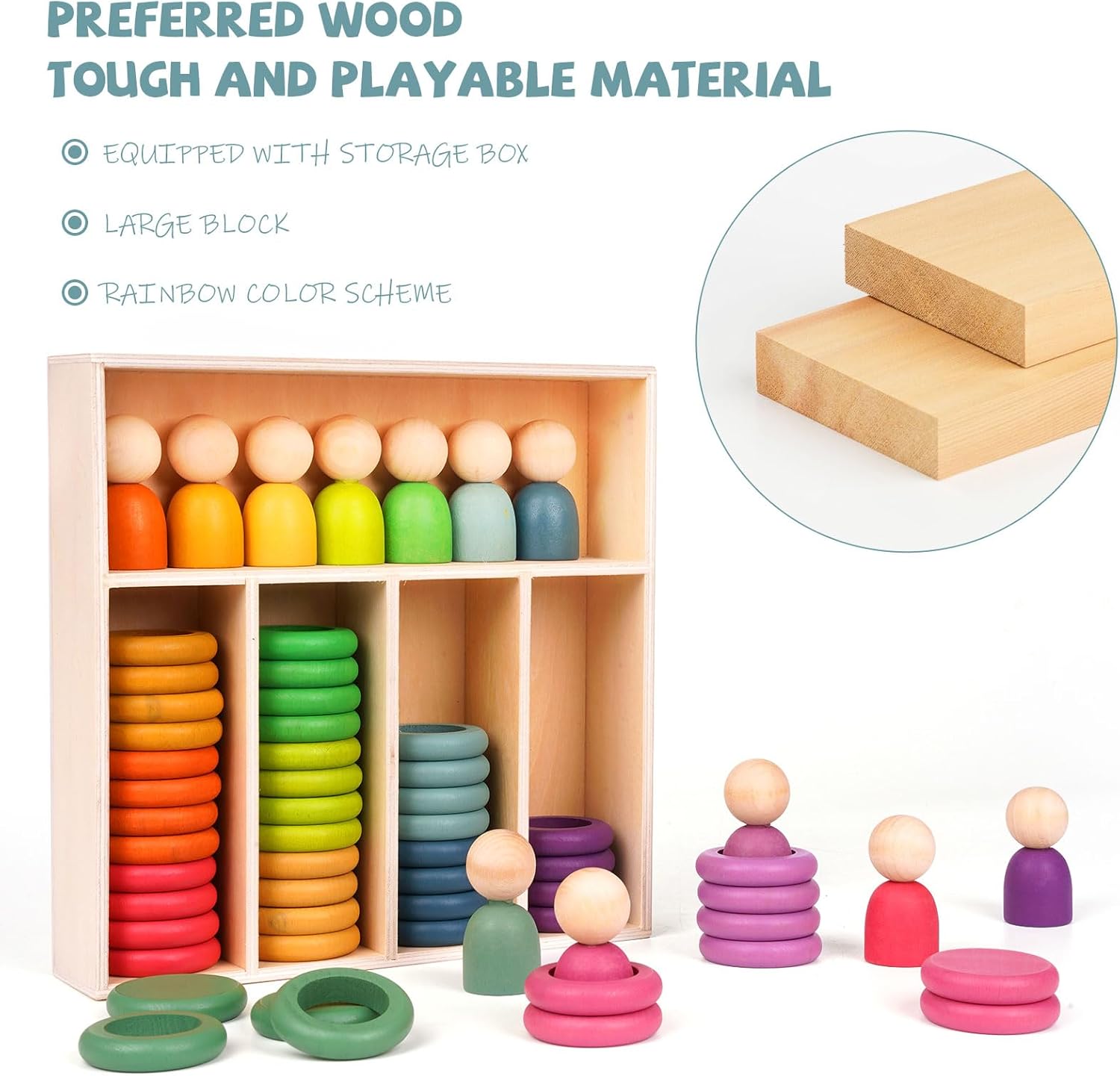 Montessori Toys Wooden Color Sorting Stacking Rings Toy Rainbow Wooden Peg Dolls Counting Toys Circular Building Blocks Stacking Game Preschool Learning Education Fine Motor Skill Toys for Toddlers image 5