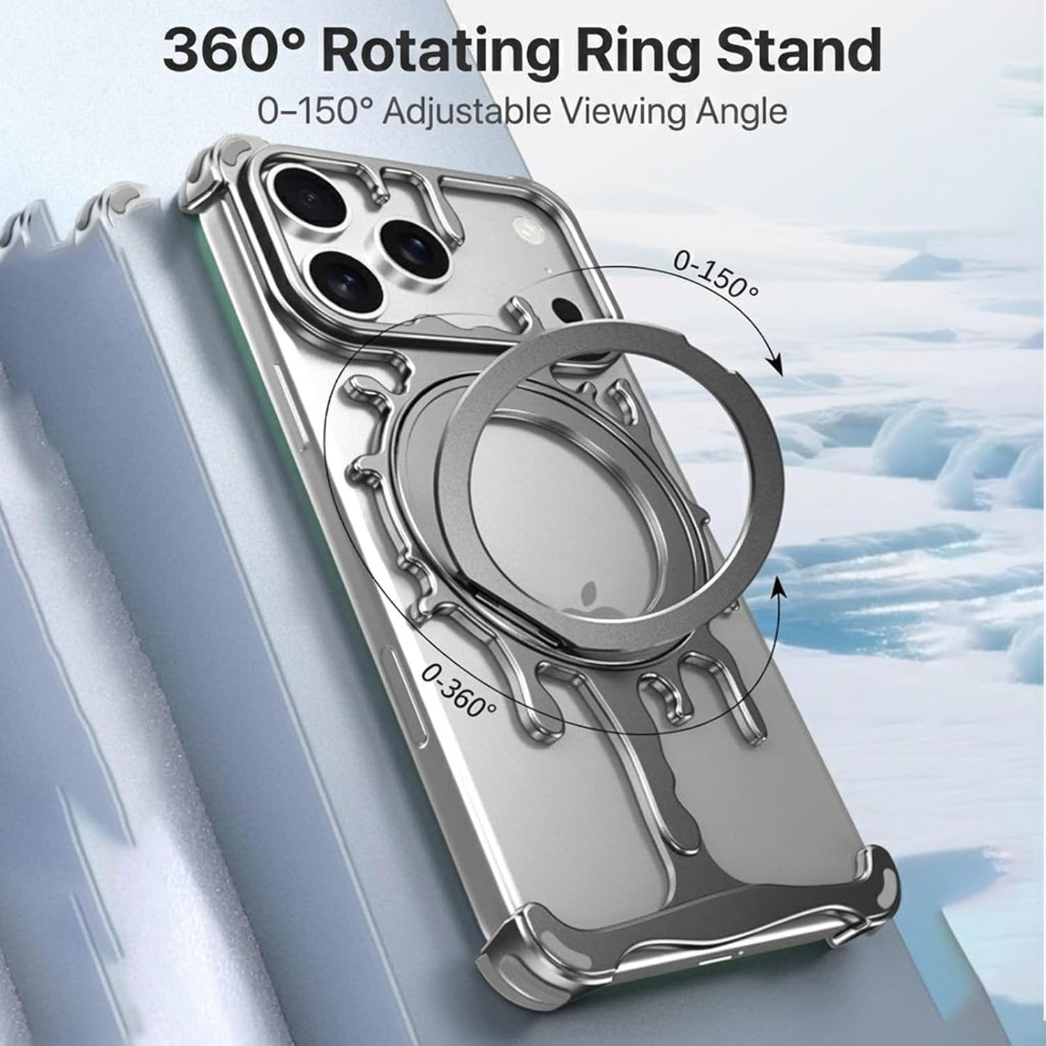 Frameless Metal Frame Case for iPhone 17/17 Air / 17 Pro / 17 Pro Max, 360° Rotating Kickstand, Magnetic Alignment, Slim Open-Edge Design with Heat Dissipation(Gray,17 Air)