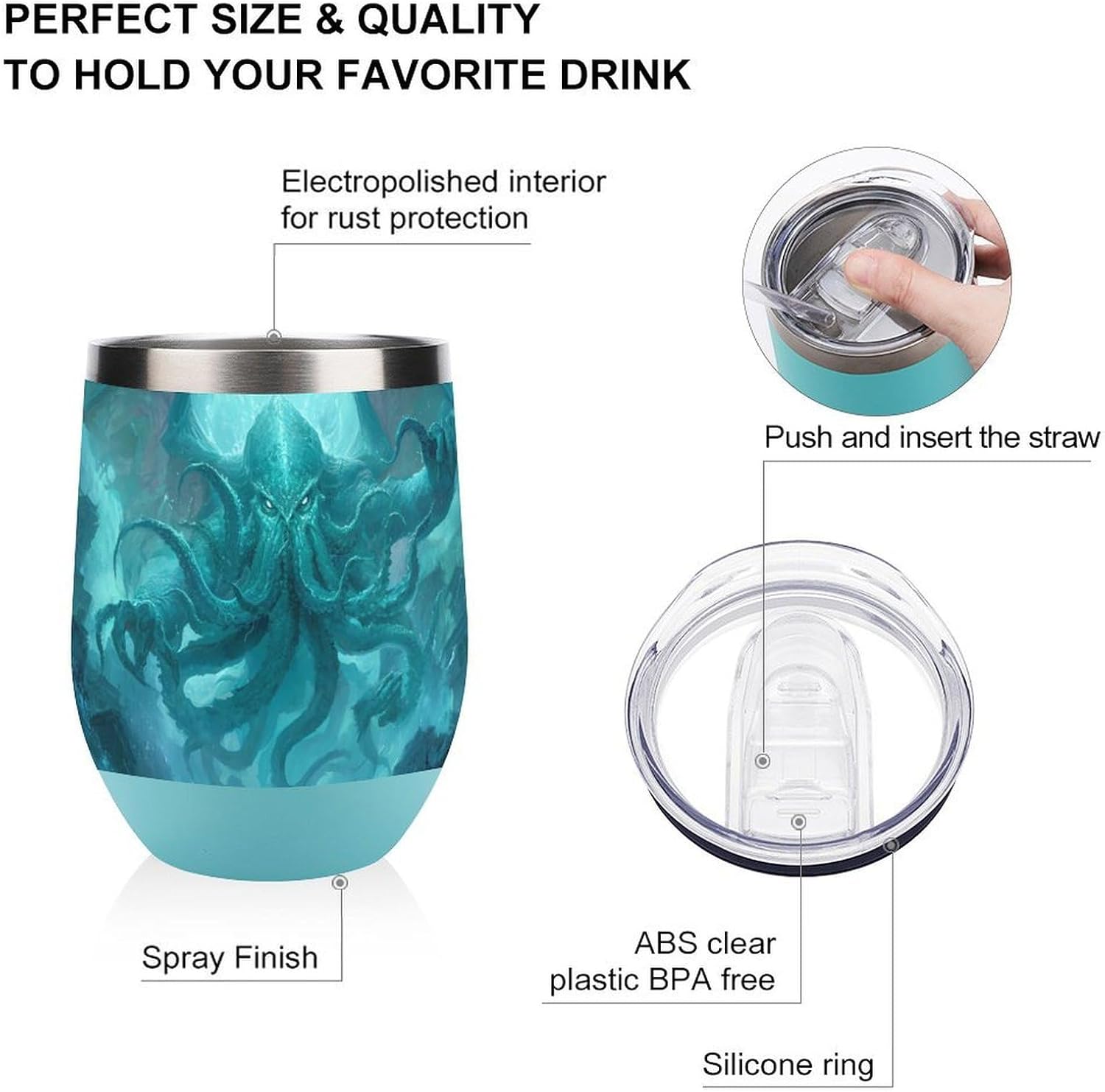 Octopus Tentacles Wings Oceancthulhu Insulated Drinking Cup Stainless Steel Coffee Mug Wine Tumbler with Lid 12OZ