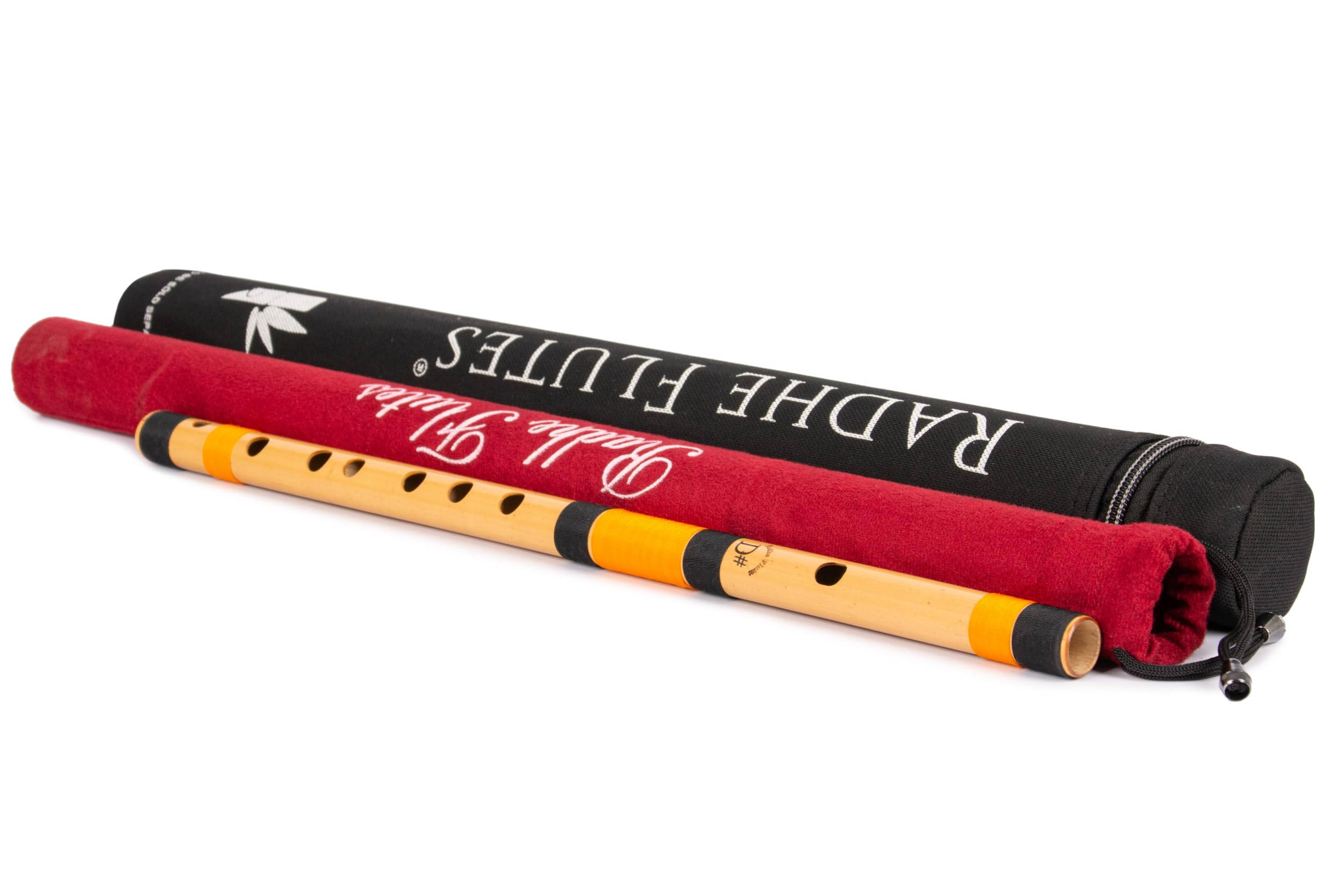 Radhe Flutes | Bansuri professionnel en bambou | D Sharp | droitier | octave moyenne | avec couverture rigide + couverture en velours et tube en papier | Noir et orange | Fabriqué à la main par Tej