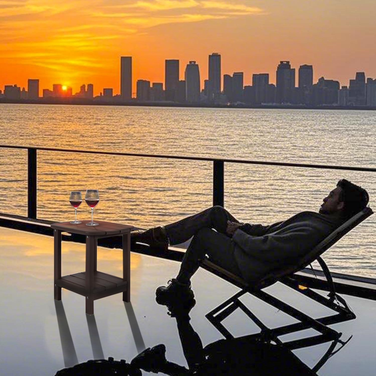 BZY Adirondack Outdoor Side Table Square 2-Tier Patio Coffee Table with Weatherproof HDPE Material Low Maintenance Furniture for Poolside, Porch, Deck