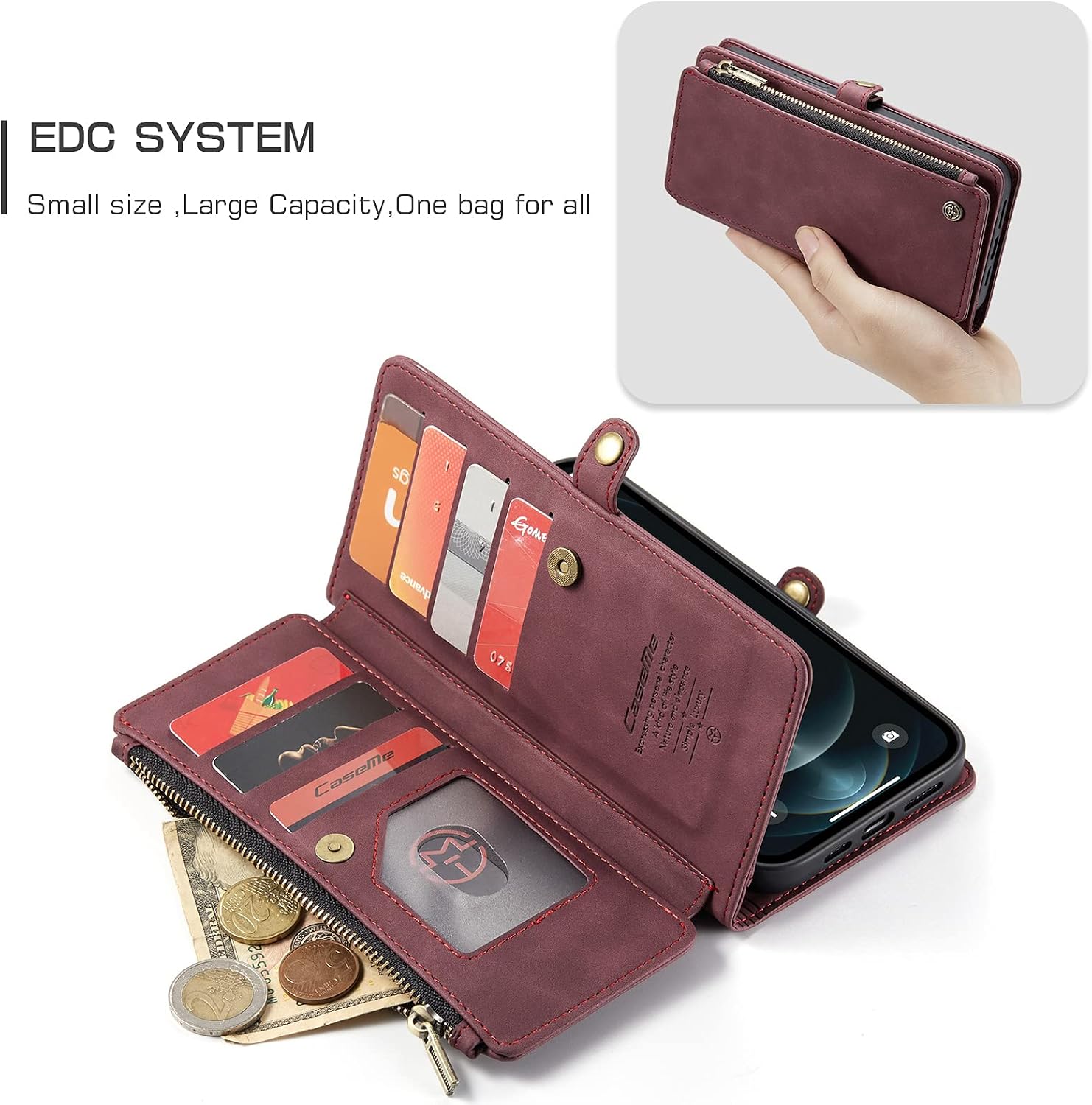 CaseMe Magnetic Wallet Case Designed for iPhone 12 Pro Max(6.7") Flip Case,Compatible with MagSafe Charger,PU Leather Zipper Folio Protective Case with Magnetic Closure and Card Holder(Wine red)