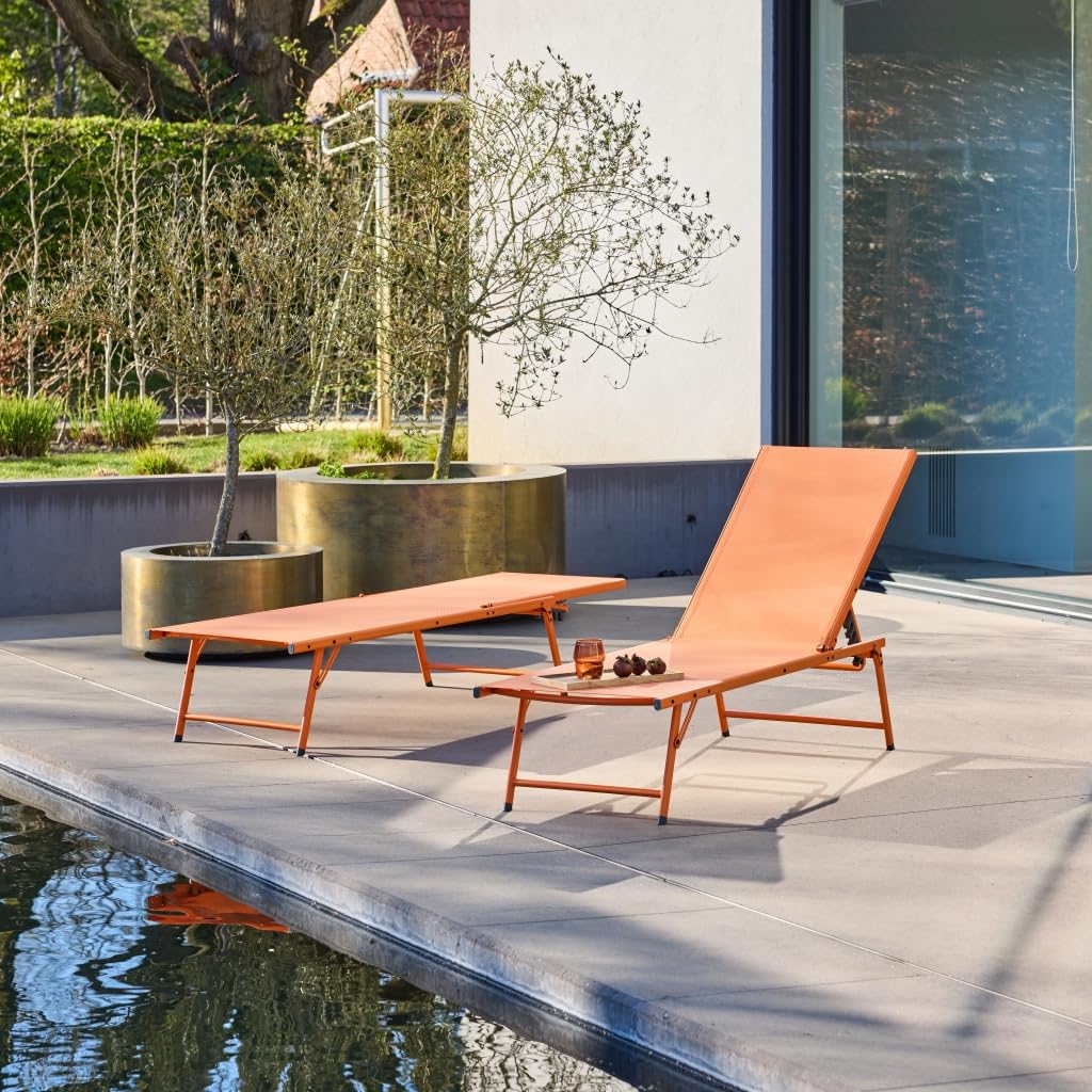 Alice's Garden sweeek - Lot de 2 Bains de Soleil Acier textilène inclinable 4 Positions Tropea Orange. 165 x 54.5 x 82.5 cm