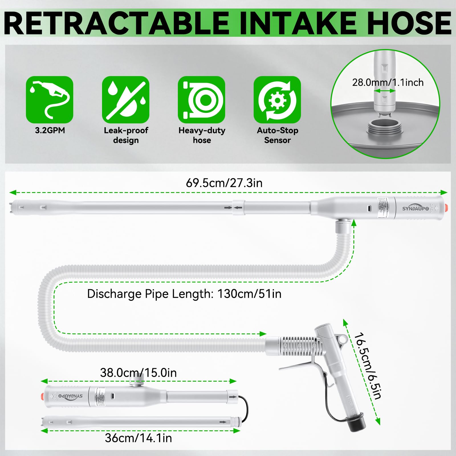 Pompa di Trasferimento Carburante Auto Arresto,12 L/min | Doppia Alimentazione USB-C/AA,Ingresso Olio da 28 mm,Cavo di ricarica USB,Pieghevole,Tubo da 130 cm,Regolazione,3,2 GPM