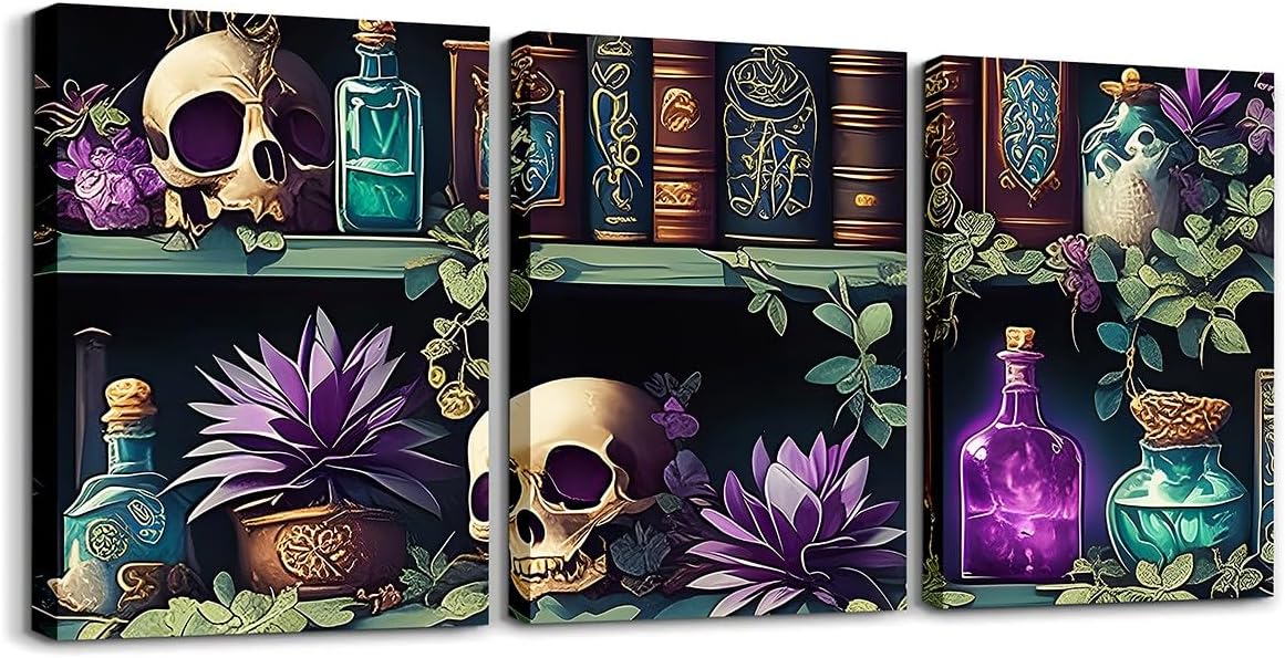 Feelyou Kids Halloween Canvas Wall Art for Living Room Bookshelf Picture Wall Decor Skull Decor Wall Painting for Kids Boys Girls Skeleton Bones Bathroom Wall Art for Home Decor 12x16 inch 3 PCS