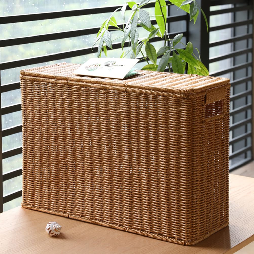 OSALADI Cesta tejida con tapa y asa, 38 x 27 x 15 cm, cesta para juguetes, revistas, verduras, artículos diversos, contenedor de almacenamiento portátil para el hogar y la oficina