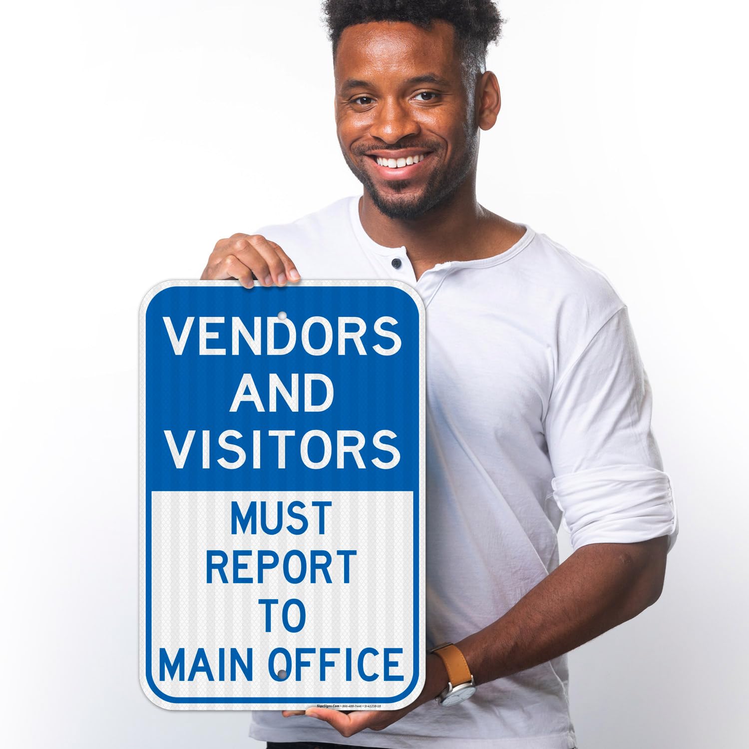 Vendors & Visitors Report to Main Office Sign, 12x18 Inches, 3M EGP Reflective .063 Aluminum, Fade Resistant, Easy Mounting, Indoor/Outdoor Use, Made in USA