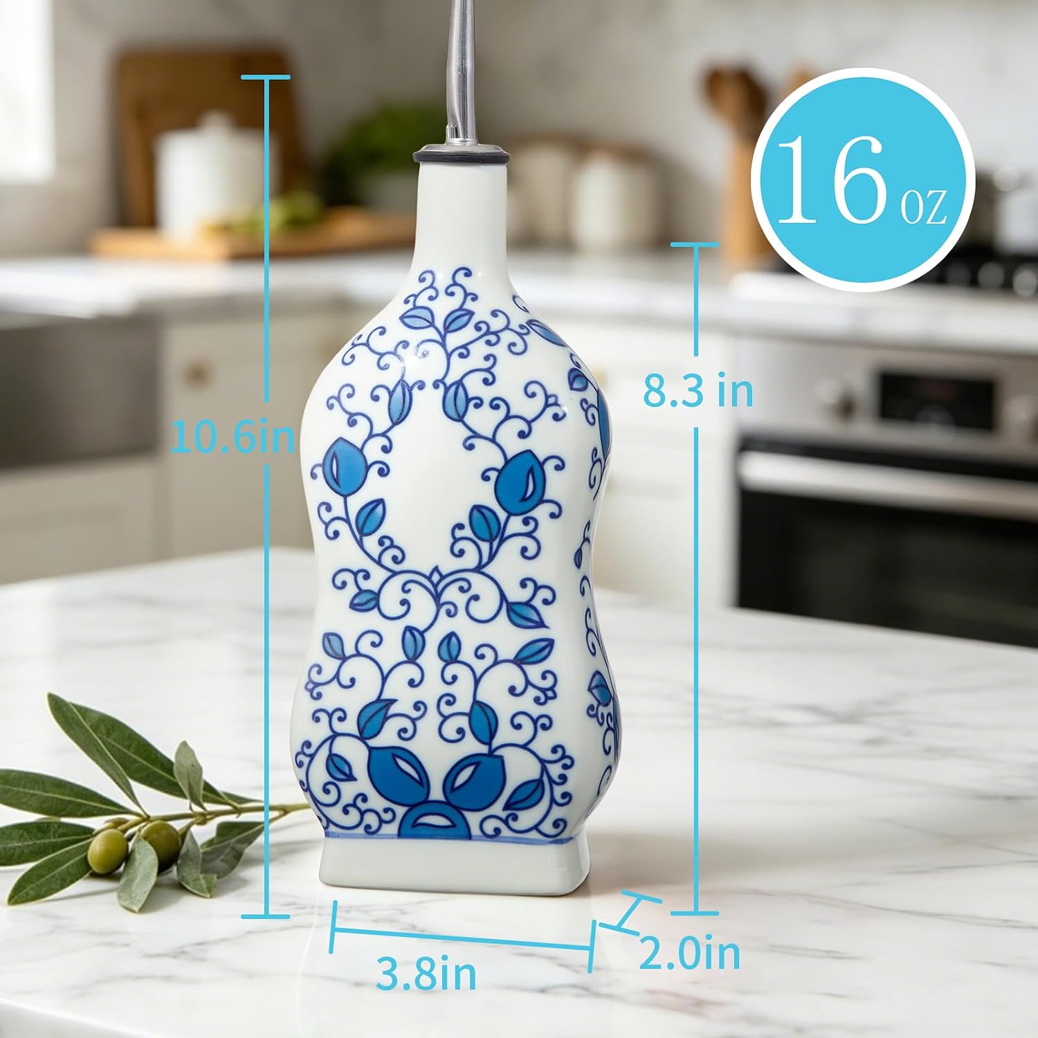 1Pcs Ceramic Olive Oil Dispenser, 16oz/473ml Square Oil Bottle Equipped with Stainless Steel Nozzle & Funnel for Kitchen & Dining Room, Perfect for Storing Oil, Vinegar & Soy Sauce (Blue and White)