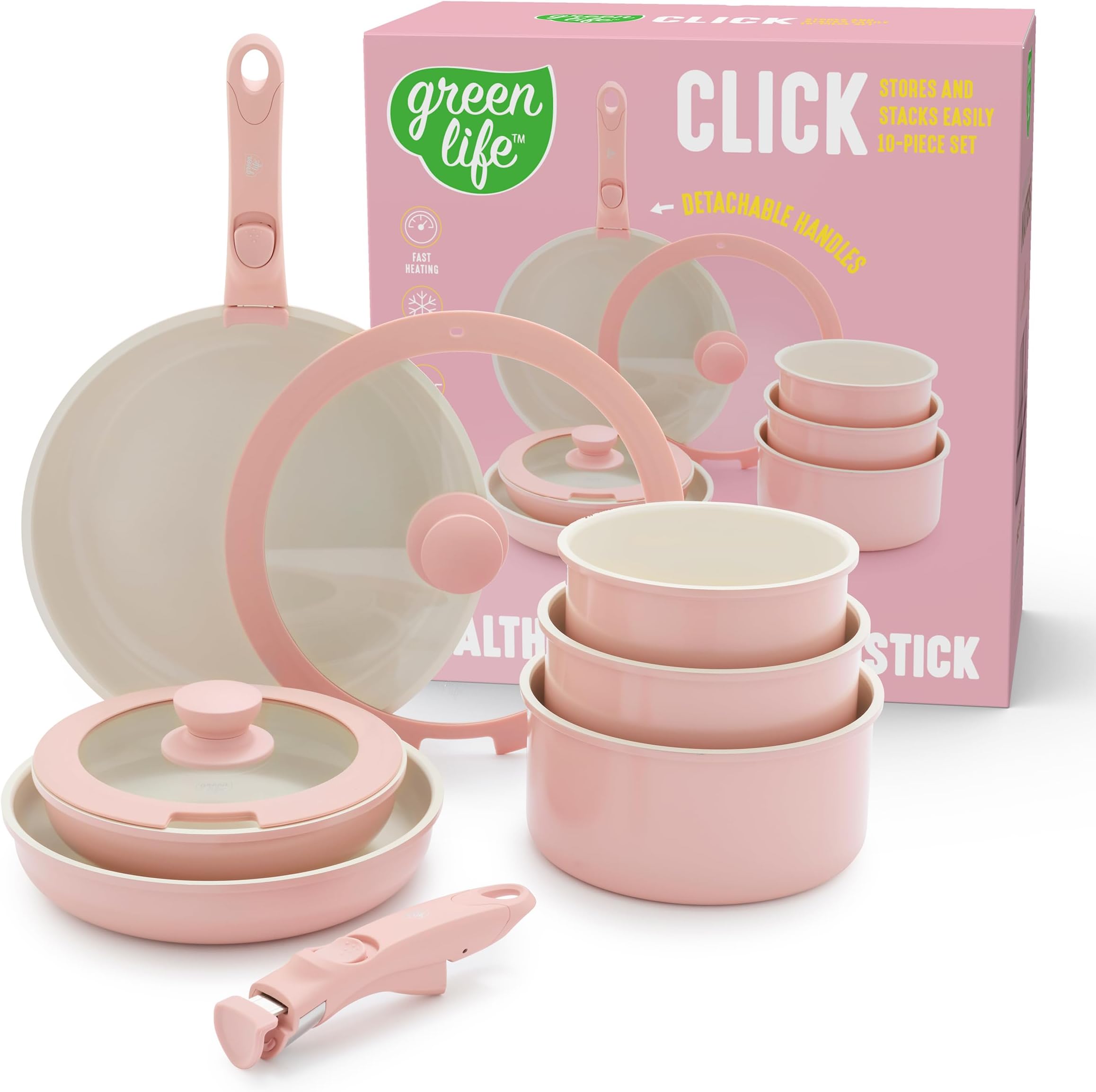 GreenLife Click 10-Piece Ceramic Nonstick Cookware Set, Detachable Handle, Stackable Space Saving Kitchen Essential, Non Toxic PFAS-Free Pots & Pans, Induction & Oven Safe, Glass Lid, Light Pink