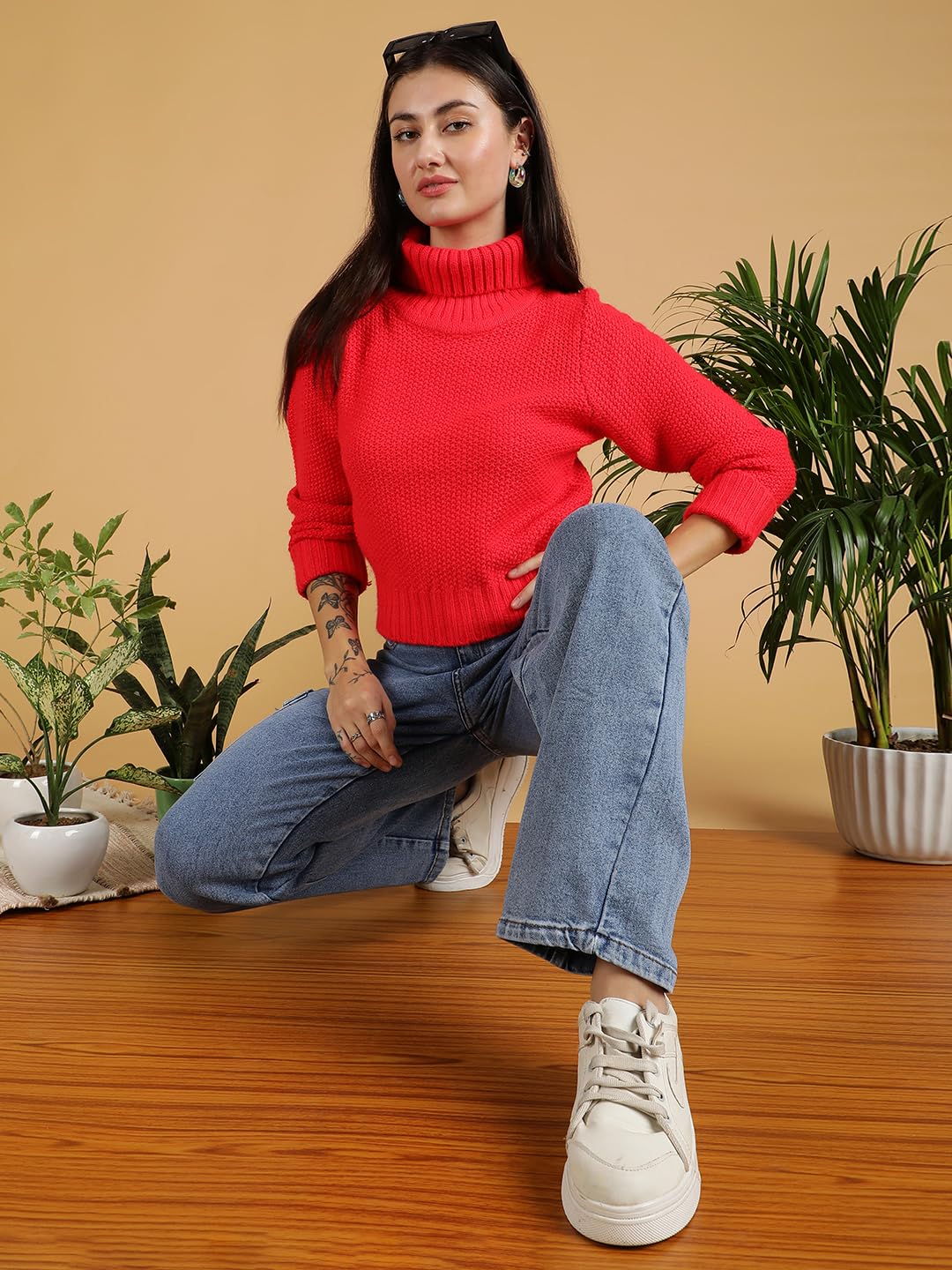 KOTTY Damski sweter z dzianiny z golfem, elegancki, dopasowany krój, zimowy sweter z solidnym wzorem