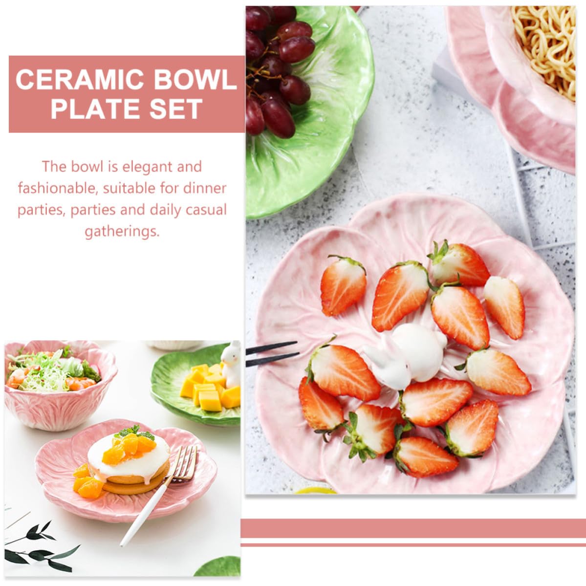 Juego de 2 Tazones de Cerámica Rosa con Estatua de Conejo y Forma de Repollo, Cuencos Elegantes para Desayuno y Reuniones Casuales Diarias