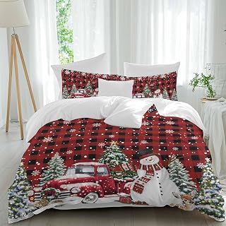 Christmas Truck Snowman Comforter Set Twin Size, Xmas Tree Snowflakes Animal Red Plaid Soft Bedding Set for Man Woman, 4 Pieces Duvet Cover Set with Fitted Sheet, 2 Pillowcases