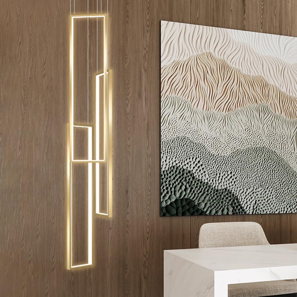 Nowoczesny żyrandol LED na schody: ściemniane oświetlenie wewnętrzne z pilotem, kwadratowy aluminiowy design, idealny do salonu, jadalni i dekoracji