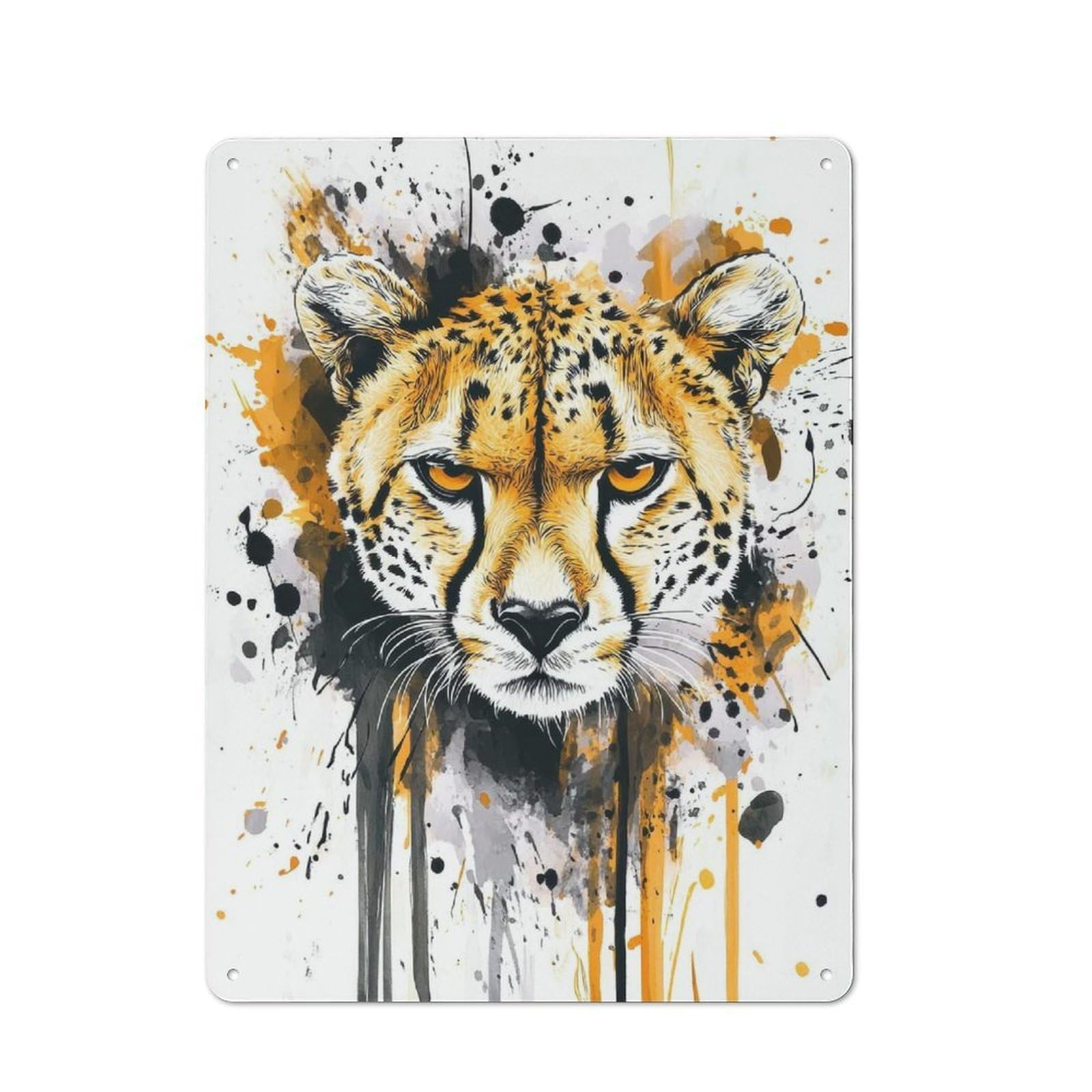 Junmoney Cheetah Portrait With Splashes Printed Metal Sign 40X30cm For Kitchen Or Home Bar, For Kitchen Decor Lovers, For Retro Home Interiors