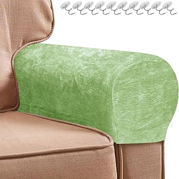 LINGXIYA Stretch Sofa Armrest Covers,Chenille Arm Covers for Chairs Couch,Furniture Protector Armchair Slipcovers for Recliner Chair with Twist Pins,Set of 2 Green