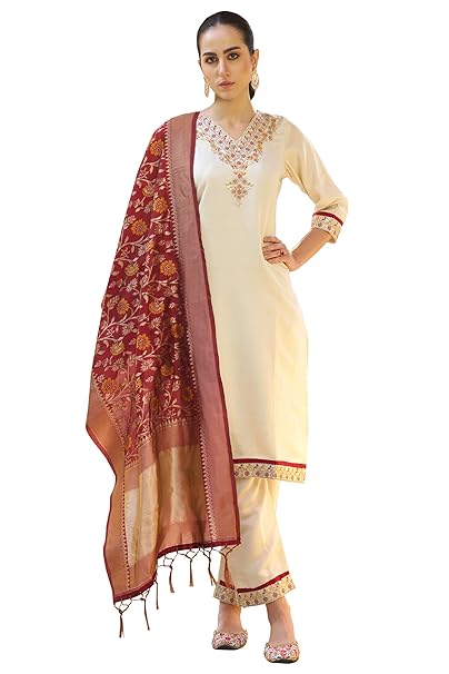 VredeVogel Women's Silk Blend Embroidered Kurta with Pant & Banarasi Silk Dupatta Set