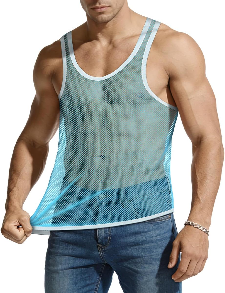 Mens Mesh Sparkly Tank Top See Through Sheer Fishnet Vest Crewneck Sleeveless Muscle Shirts