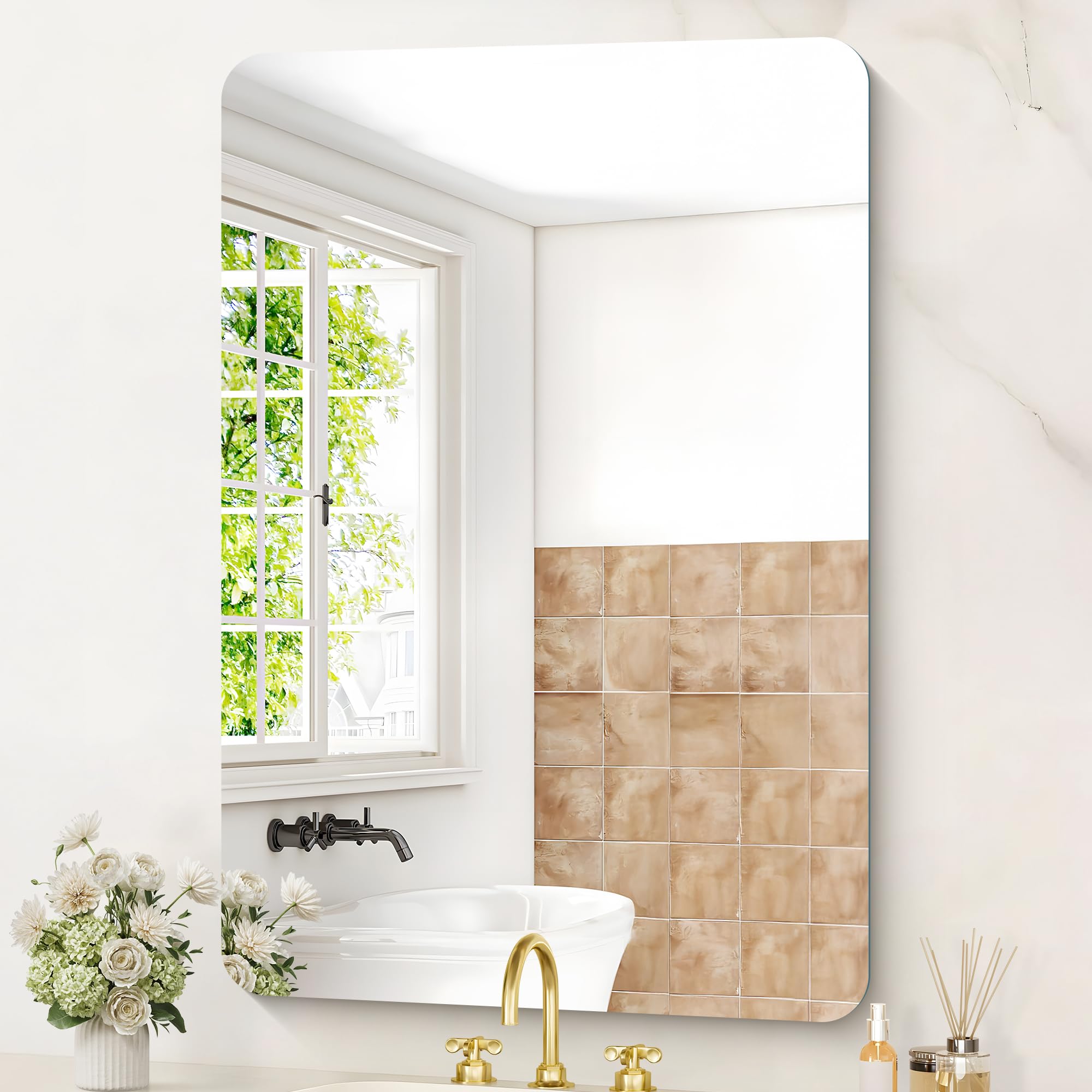 KOCUUY Espejo de baño Rectangular sin Marco, Espejo de Pared de 60 x 80 cm, Espejo con Cristal irrompible, reflexión HD, Esquinas Redondeadas, Adecuado para baños, dormitorios o vestidores.
