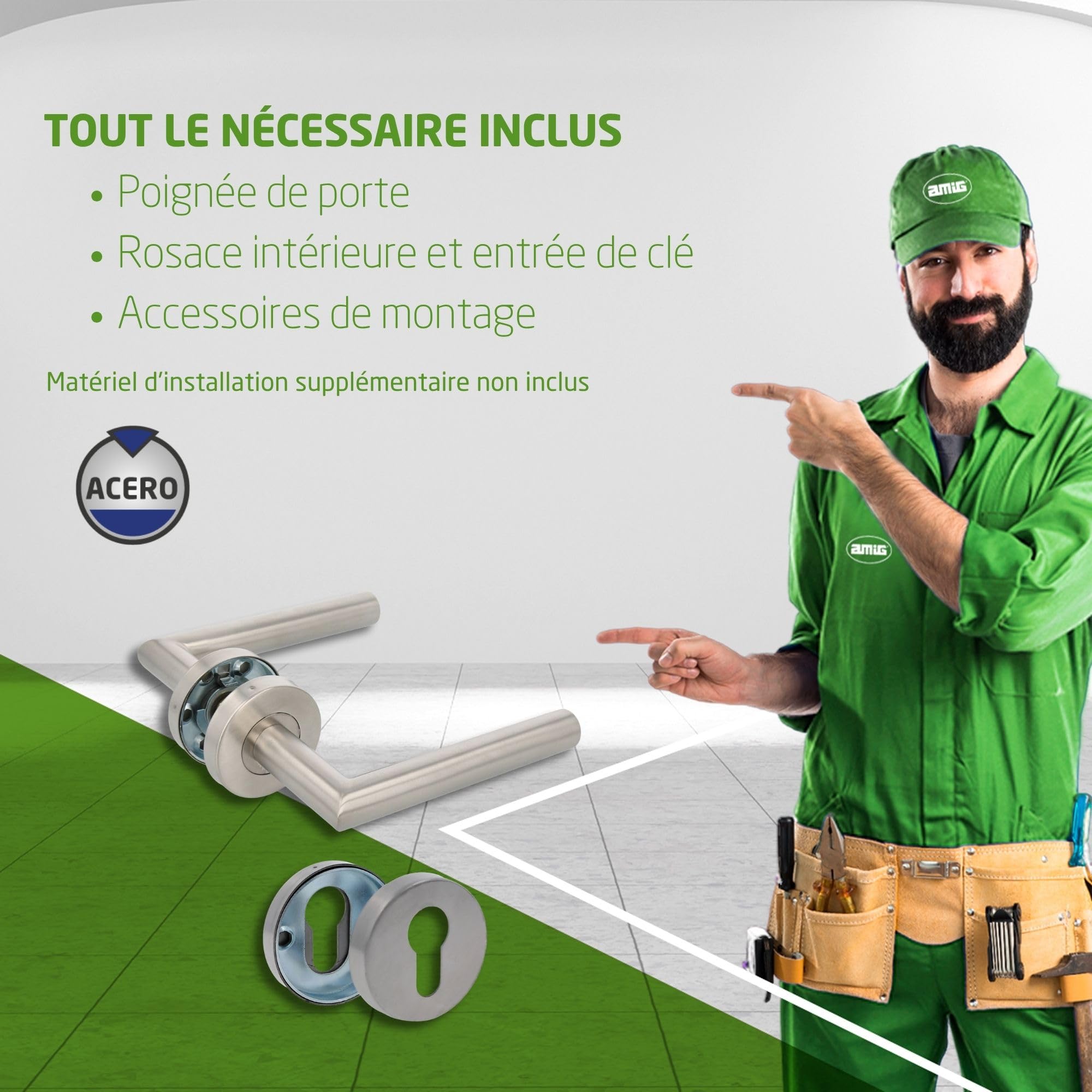 Amig - Jeu de Poignées avec Rosace et Entrée de Clé - 136 x Ø19 mm - Design Élégant et Simple - Argent Mat - Acier Inoxydable - Pour Maison et Bureau