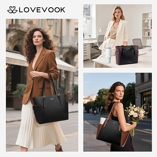 Miniatura 2 de LOVEVOOK Bolso para laptop con gran portavasos para mujer, bolso tote de cuero para trabajo para mujeres, maletín profesional para computadora de