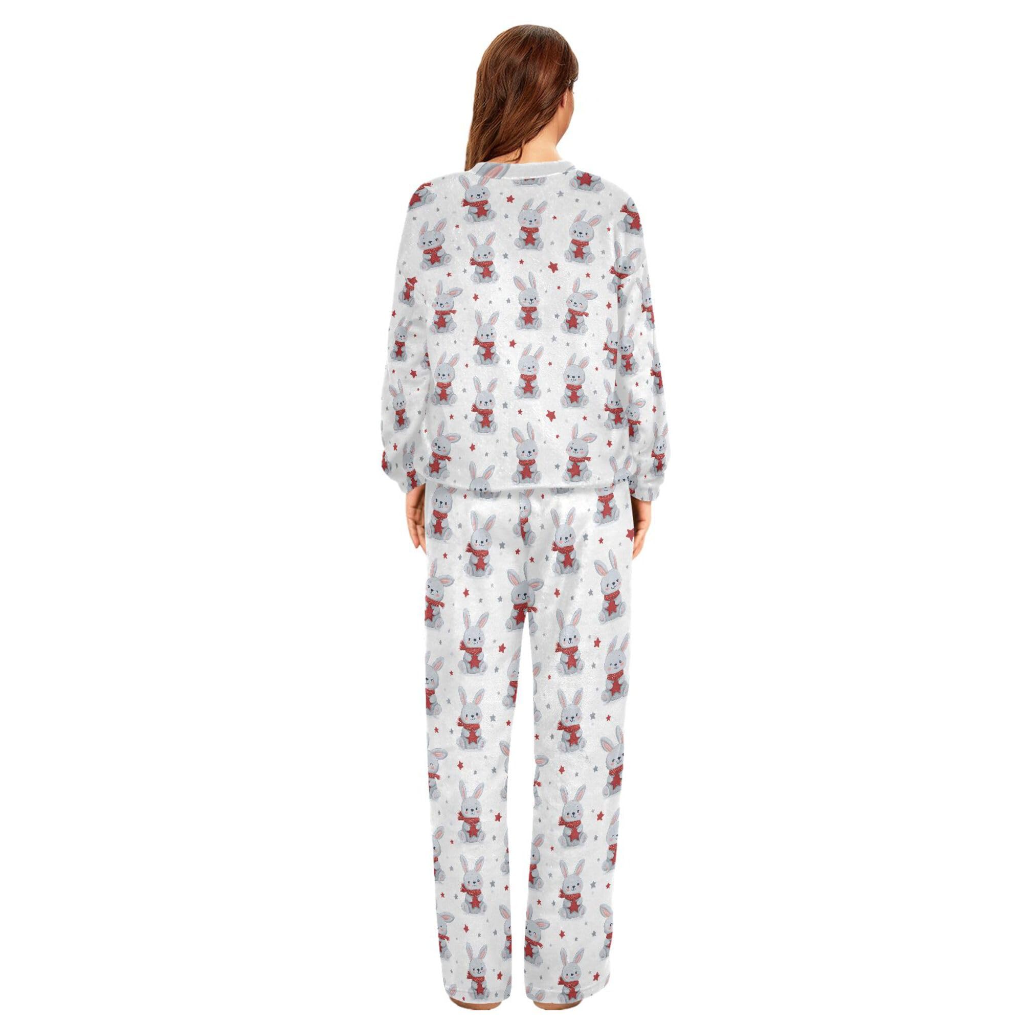 ALAZA Conjunto de pijama de forro polar para mujer, diseño de huesos de fondo rosa, manga larga, ropa de dormir de dos piezas, ropa de dormir térmica, pijama súper suave, talla S