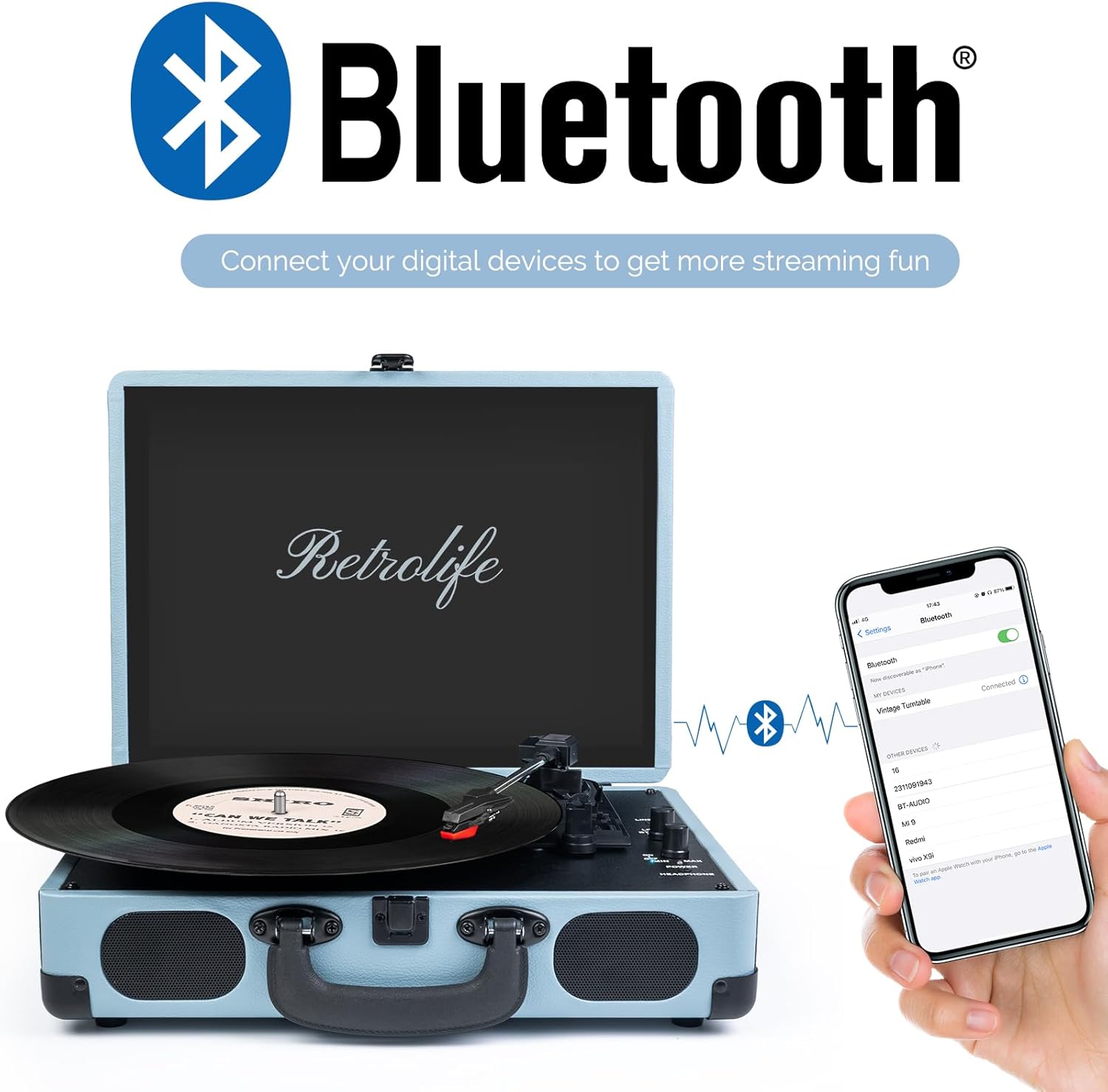 Vinyl Record Player 3-Speed Bluetooth Suitcase Portable Belt-Driven Record Player with Built-in Speakers RCA Line Out AUX in Headphone Jack Vintage Turntable Haze Blue
