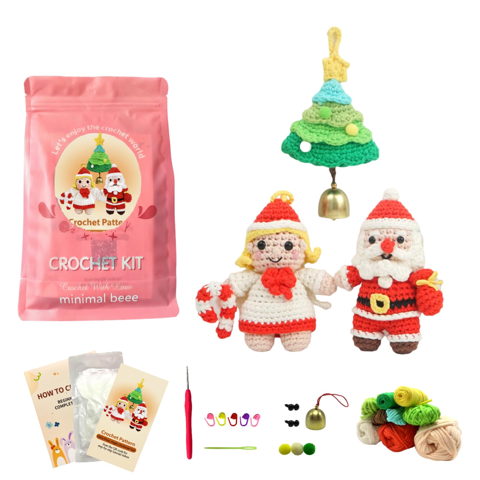 minimal beee Beginner Christmas Crochet Kit - 3-Piece Santa &amp; Mrs. Claus Set, Complete Craft Supplies with Video Tutorials for Christmas Tree Decor.Gift Hobby for Adults