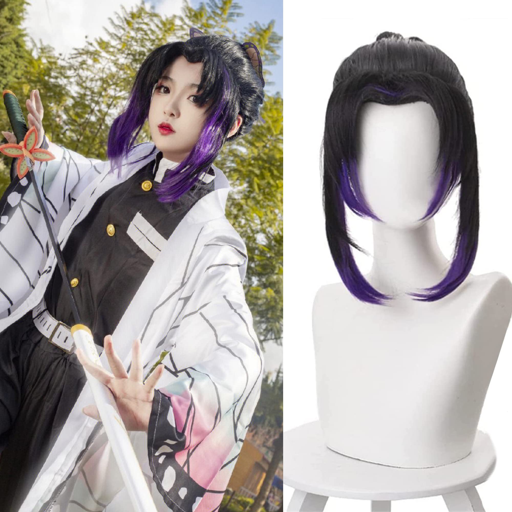 Black Mixed Purple Ponytail Short Cosplay Wig for Women Conventions Halloween Cos Anime Party Heat Resistant Synthetic Fabric Costume Hair