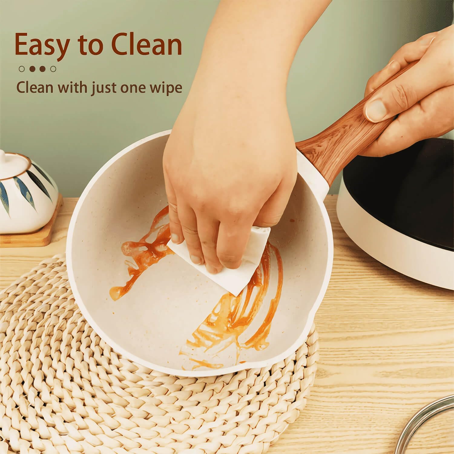 2 Quart Nonstick Sauce Pan with Lid, Small Sauce Pots for Cooking with Pour Spout, Small Induction Pot with Handle for Stove, Induction, Gas, Non Toxic, PFOA Free (Beige, 1 PCS) - Image 4