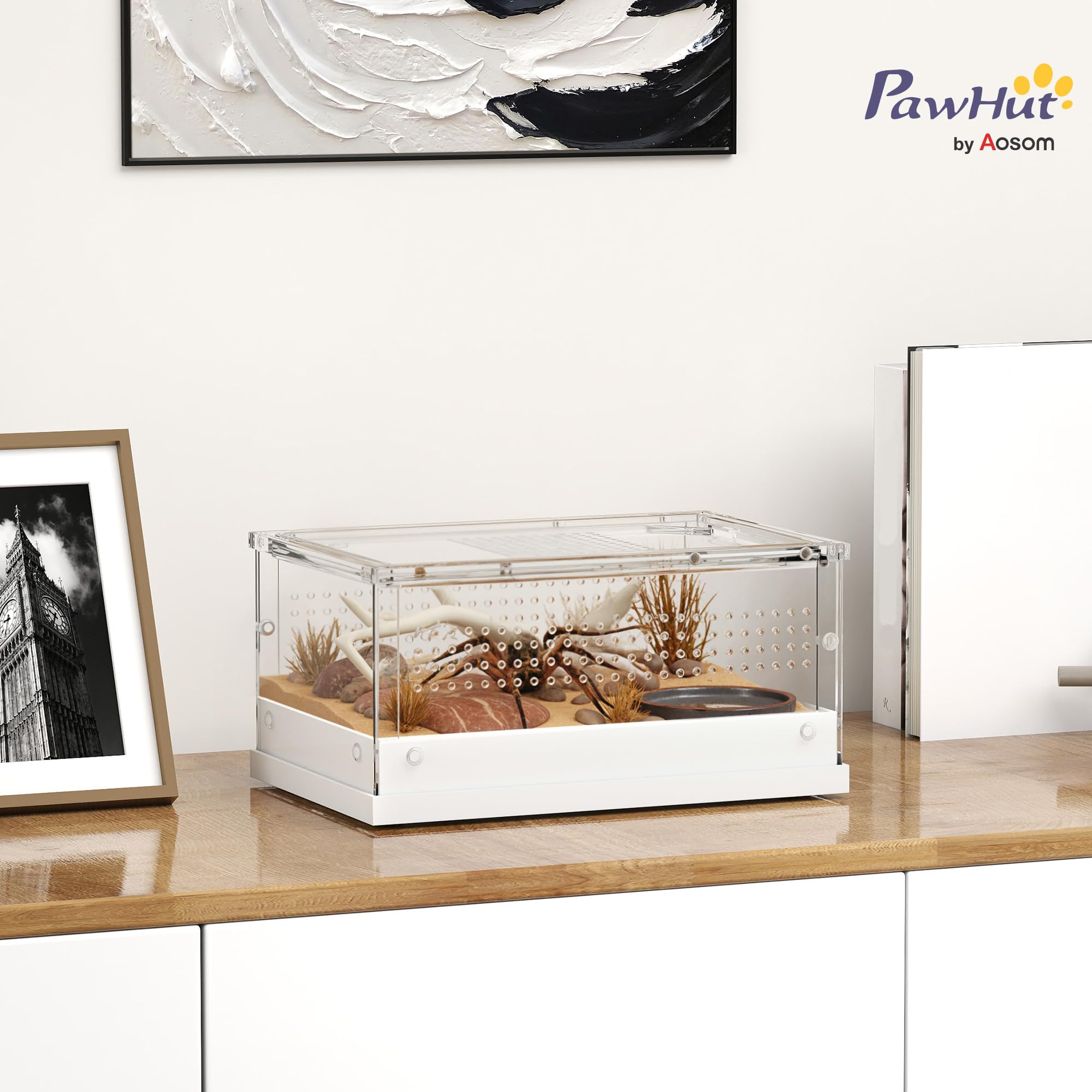 PawHut Terrario para reptiles, vivero de 30 x 20 x 15 cm con puerta corrediza superior, caja de cría de tanque de reptiles acrílico de 360° con rejillas de ventilación, para serpientes, ranas, arañas