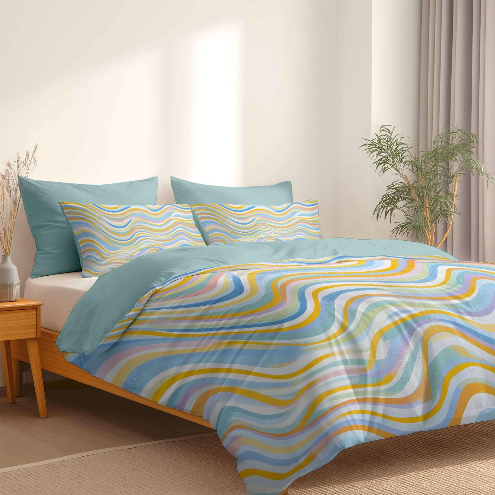 Pop Art Stil 3-teiliges Bettwäsche-Set, Minze 1 Bettbezug 200 x 200 cm und 2 Kissenbezüge 80 x 80 cm, Bunte WellenlinienWeiche Mikrofaser, Reißverschluss, Ganzjahres