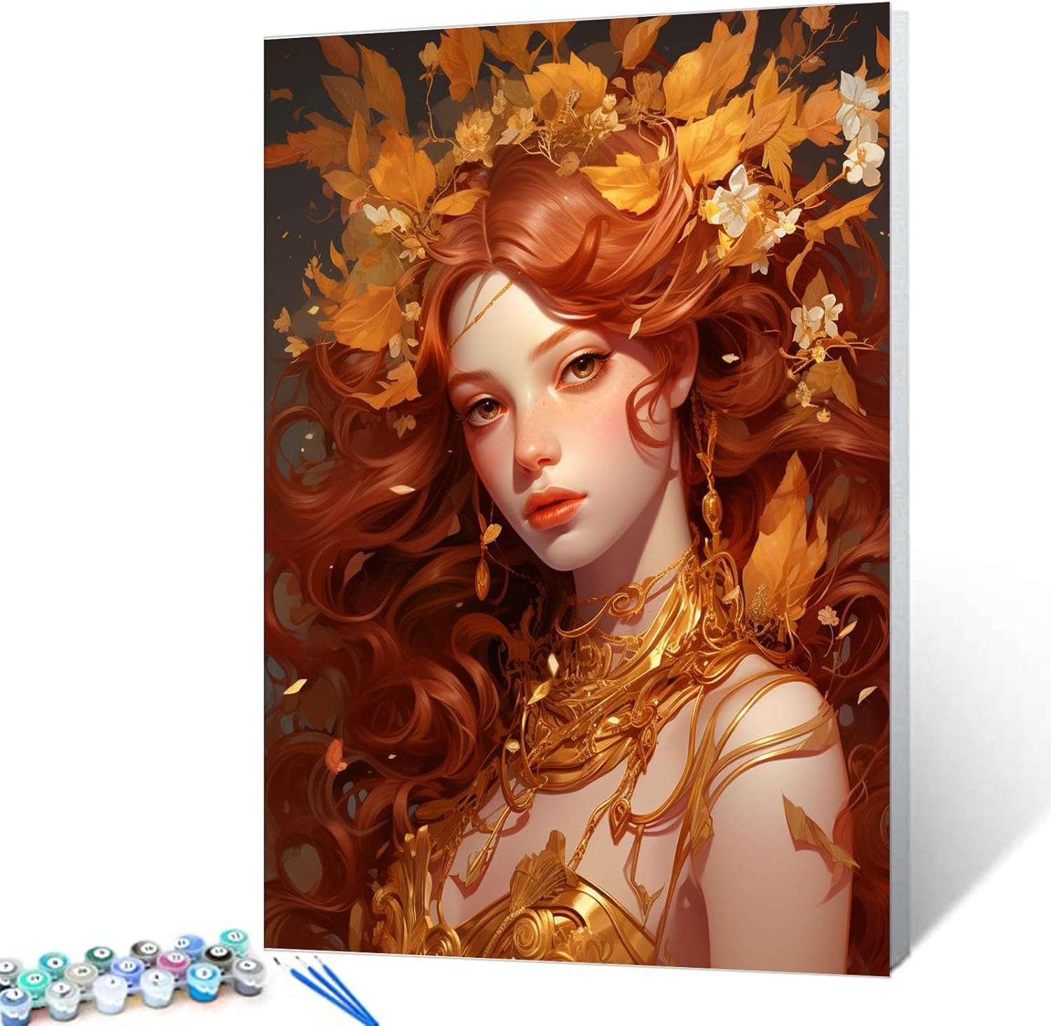 Tucocoo Red Woman Dressed in Gold and Brass DIY Painting by Numbers for Adults Beginner,Robot Girl with Flower Paint by Number on Canvas Easy to Paint with Pigment and Brushes with Frame 16''X20'