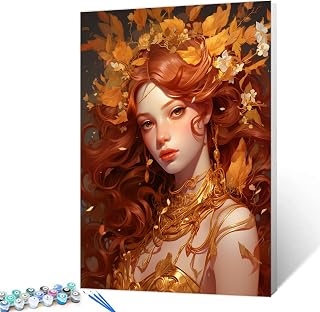 Tucocoo Red Woman Dressed in Gold and Brass DIY Painting by Numbers for Adults Beginner,Robot Girl with Flower Paint by Number on Canvas Easy to Paint with Pigment and Brushes Without Frame 16''X20'