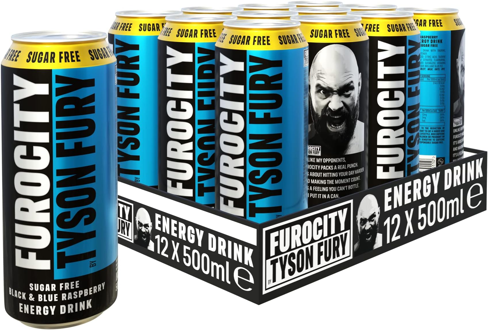 Furocity by Tyson Fury Energy Drink, Sugar Free Black and Blue Raspberry - Contains 157mg Caffeine with Zero Calories High in Vitamins B6, B12 and Taurine - 12 x 500ml Cans