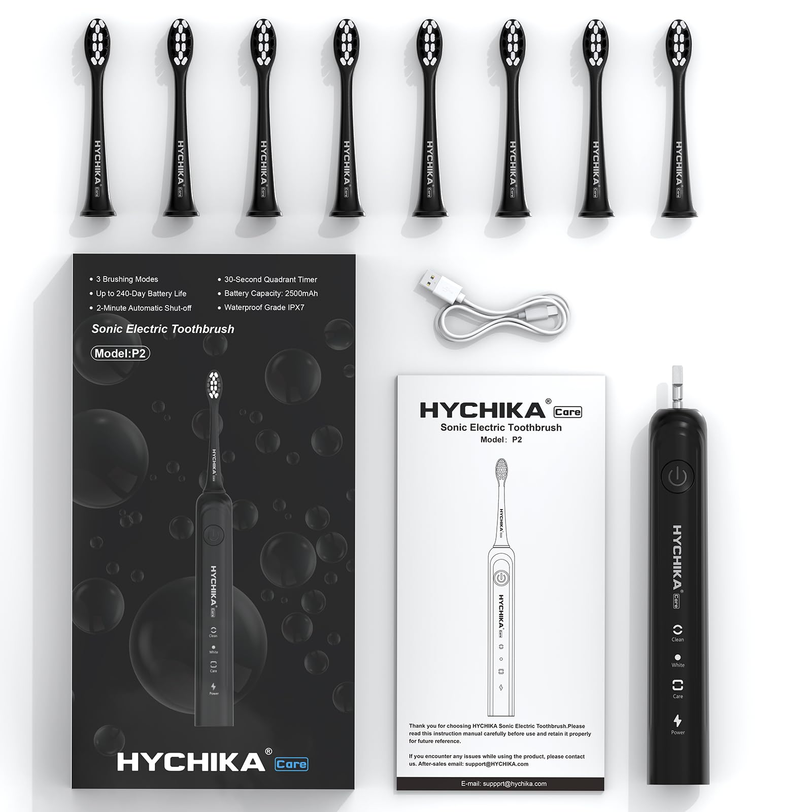 Cepillo de dientes eléctrico sónico para adultos,recargable 240 días de duración de batería con 2500mAh,8 cabezales de repuesto,3 modos de limpieza y resistencia al agua IPX7,negro