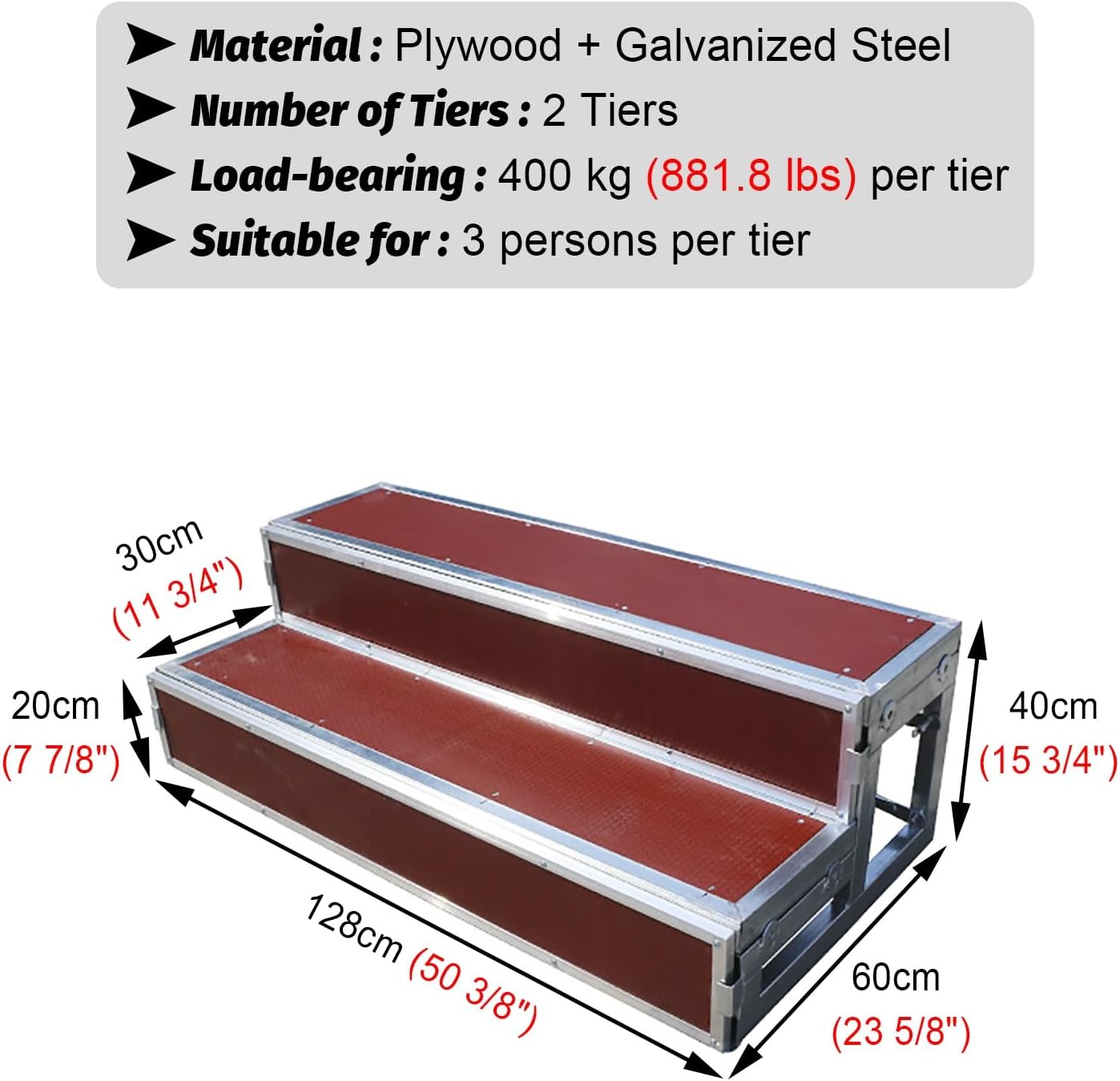 Detachable Red Choir Stair Risers, Plywood & Steel Floor Standing Steps for Group Photos, Portable Lightweight Platform (128x60x40cm / 50.4x23.6x15.8in)