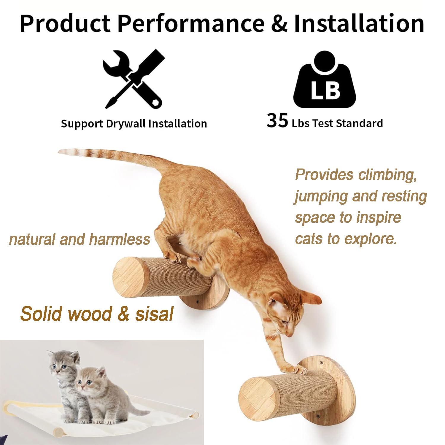 Kletterwand Katzen,53cmx47cm Katzenhängematte & 2 Kratzbaum, Kängematten Katzen Wand Bis Zu 10 Kg,Katze wandelement Schlafen Und Ausruhen,Katzenbett Zum Klettern Aus Natur-Holz (Beige)