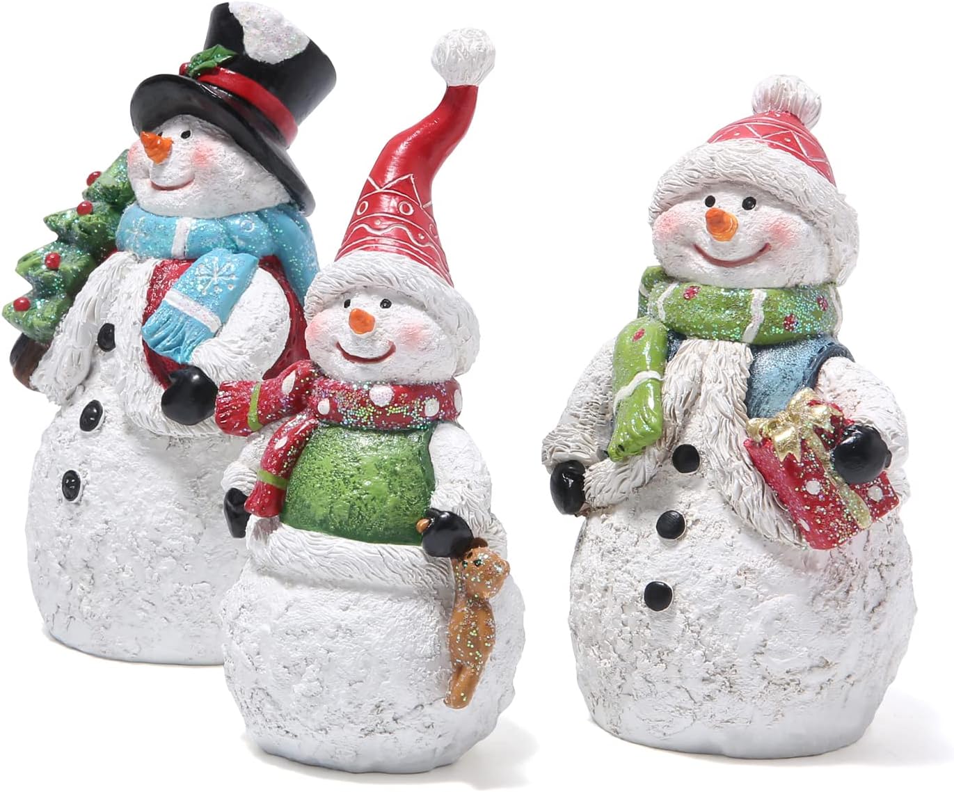 Hodao Snowman Figurines Set of 3, Hand-Painted Resin Christmas Ornaments, Indoor Home Decor for Mantel, Shelf & Tiered Tray, Glitter Accents, Gift-Ready Holiday Decorations